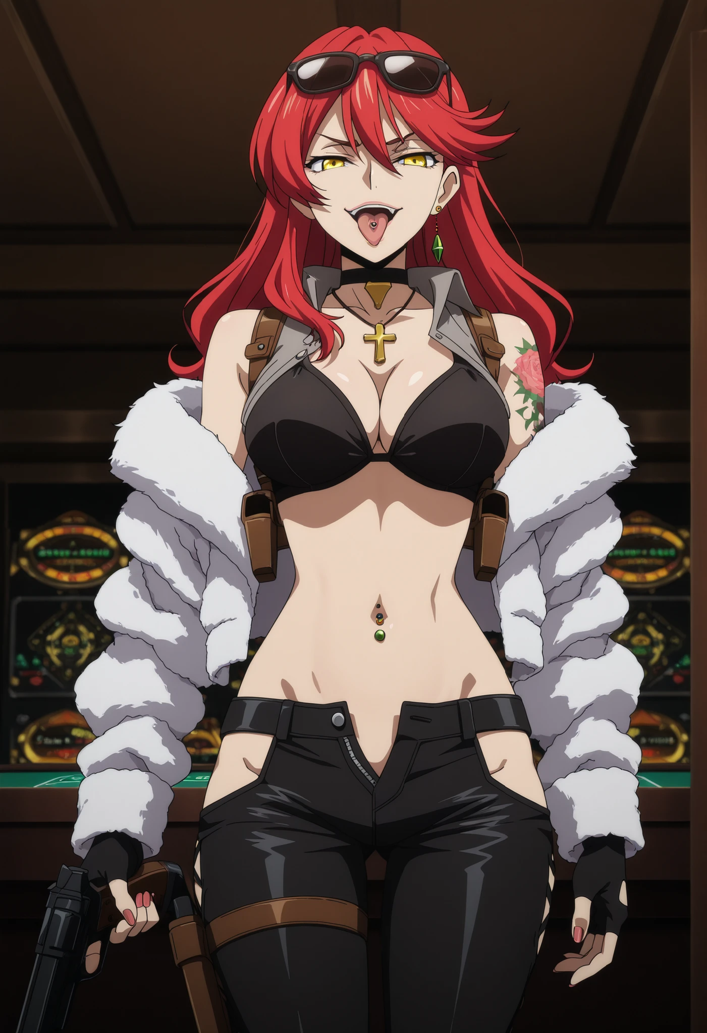 1girl,solo,mm,mature female,long hair, red hair,yellow eyes,single earring,,anime coloring,
,Narah Vaughn,,nail polish, ear piercing, long hair, , lipstick, Hot girl, baddie,, sensual, attractive ,choker , cross necklace, grey shirt,black pants,bar background, inside bar ,indoors, , casino, , fur jacket ,  shoulders , white fur , , , leather pants , dark brown , fur , side inserts , weapon holder , weapon , fingerless gloves , leather , forearms , sword , , cowboy shot , masterpiece , best quality , highly detailed , a girls with a gun , evil smile , open mouth ,  gaze , badass pose , evil smile , smile , ()  , guns blazing , anime girl with long hair , beautiful long haired girl , navel , evil expression , exposed belly , exposed navel , exposed midriff , exposed lower belly , long black pants , cleavage , unbuttoned leather pants , open fly , low rise black leather pants , leather jacket , holding a gun , holding pistol , unbuttoned shirt , collared shirt , knot , pull_down leather pants , (show off panties , :1 . 2 , no panties) , pull_down long black pants , pull_down black leather pants , zip up leather jacket ,  top , navel piercing , cross-laced slit , tongue piercing , tongue out , open mouth ,  ,, , shoulder holster,, sunglasses on head,,  medium large  ,looking at viewer , dragon tattoo on waist, narrowed eyes, tattoo on waist, anipai_style , anime screencap , anime coloring, v-shape eyebrows,