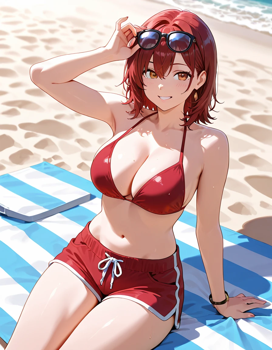 Red , red short hair, high quality, 8k, wet body, Wet hair, looks at the viewer, full length, you can see the head, visible  waist, smiling, Sitting on the sand, Near the sea, chubby, legs spread, glasses 