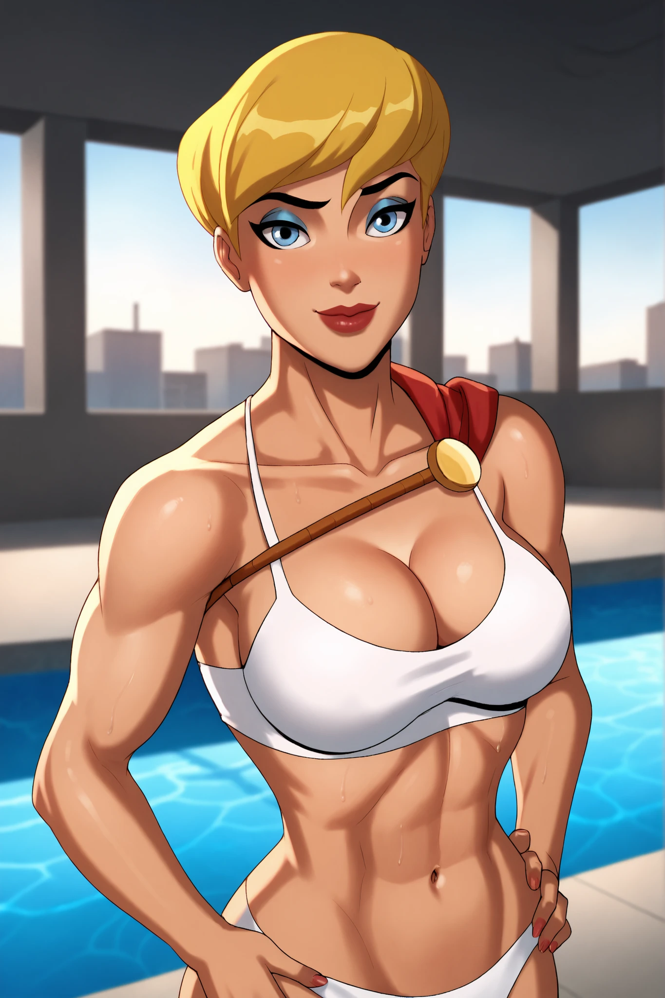 BREAK, score_8_up, score_7_up, score_6_up, score_9, PowerGirlPublicEnemies, 1girl, solo, blonde hair, very large breasts, short hair, blue eyes, superhero, lipstick, makeup, dark skin, cleavage, curvy, athletic, ((looking at viewer)), seducing viewer, teasing viewer, smile, closed mouth, seductive expression, bedroom eyes, busty, white bikini top, white bikini bottom, standing, indoors, pool, portrait, upper body, closeup, high-angle view, midriff, bare shoulders, blue eyeshadow, hands on waist 