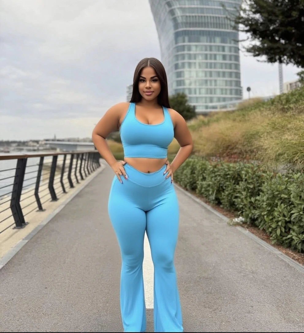 MASSIVE , translucent (blue plastic) leggings, UHD, city sidewalk, She's a dark skin melanin Queen with tiny thin waist, side body, translucent (coral 🪸 silk) blouse says "McGlaughlin", best quality, High resolution image, muscular abs tapered waist:2, immaculate swanky hair, no   