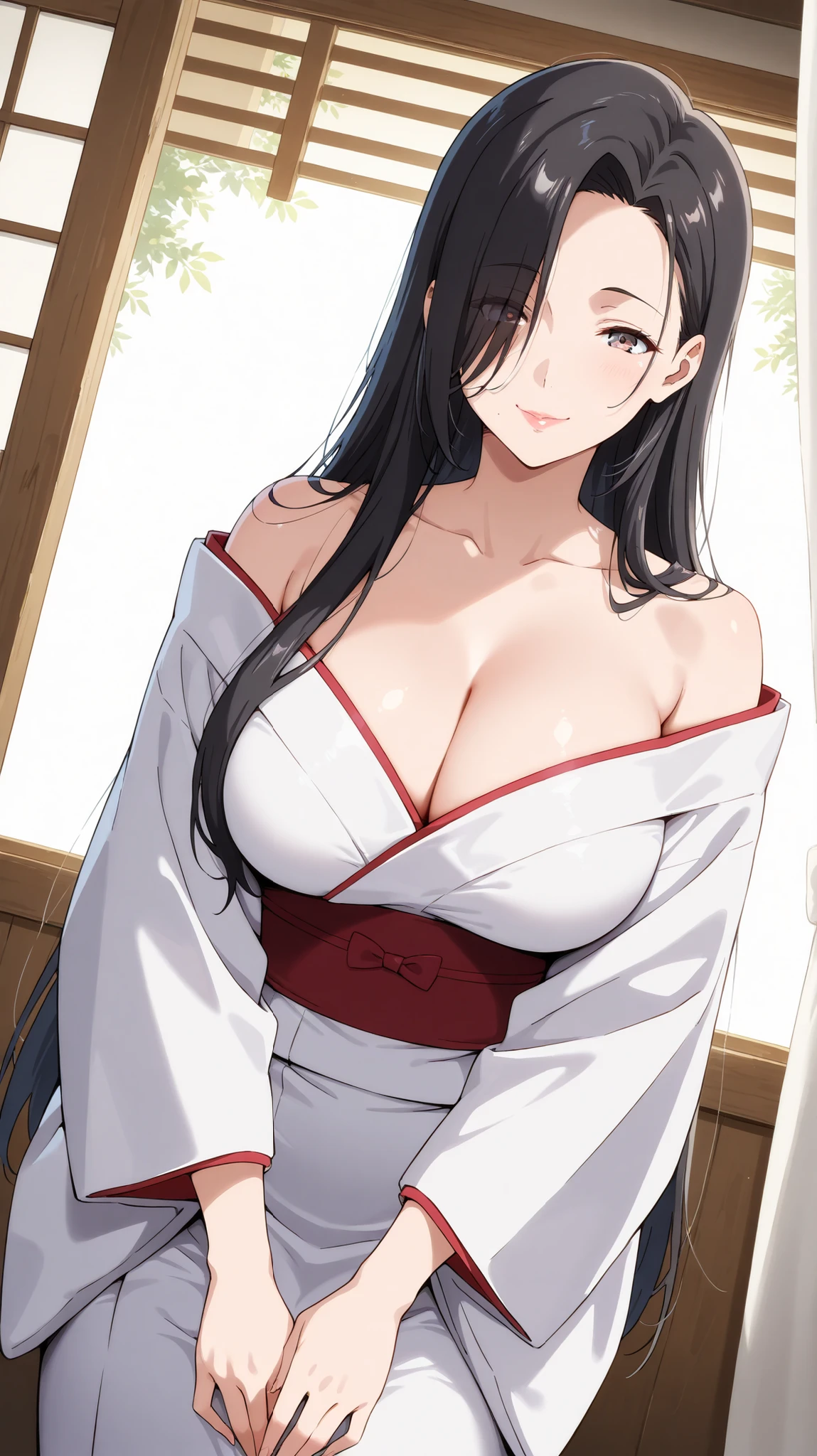 ((Studio: Madhouse)) masterpiece , best quality , highly detailed , ultra high res , Score_9, Score_8_up, Score_7_up, perfect anatomy, detailed fingers, detailed eyes, cowboy shot, dutch angle, focus on face, masterpiece, detailed anime, Sharp Focus, lady, JK, detailed face, detailed bronw eyes, smile, semi-long hair, black hair silky hair, forehead, sliced back hair, mature woman, over hair eye, long straight hair, curious look, lips parted, joy in your eyes, knee, big breasts, (white kimono, dropped shoulders) Japanese temple