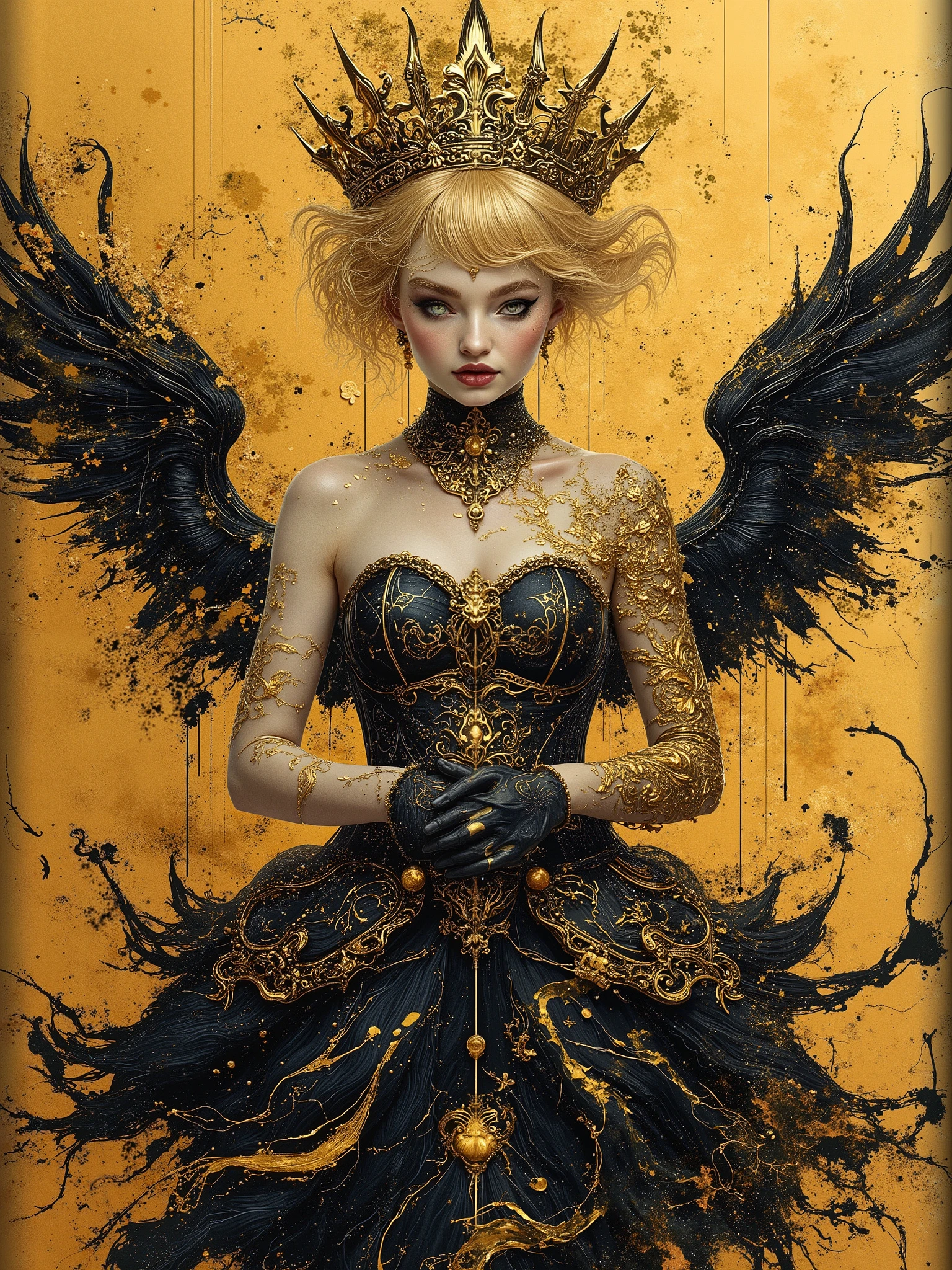 masterpiece, very aesthetic, best quality, newest, absurdres, highres, very stylized with gold filigree
BREAK
Regal full figured queen, very expressive face denoting satisfaction, anatomically correct body, perfect hands,  watercolor, 1girl, short but amazing magical girl, blonde pixie cut hair, pretty face full of experience yet innocent, radiant eyes, bold nose, petite majestic angel, gold and black theme, gothic strapless corset dress, dmai