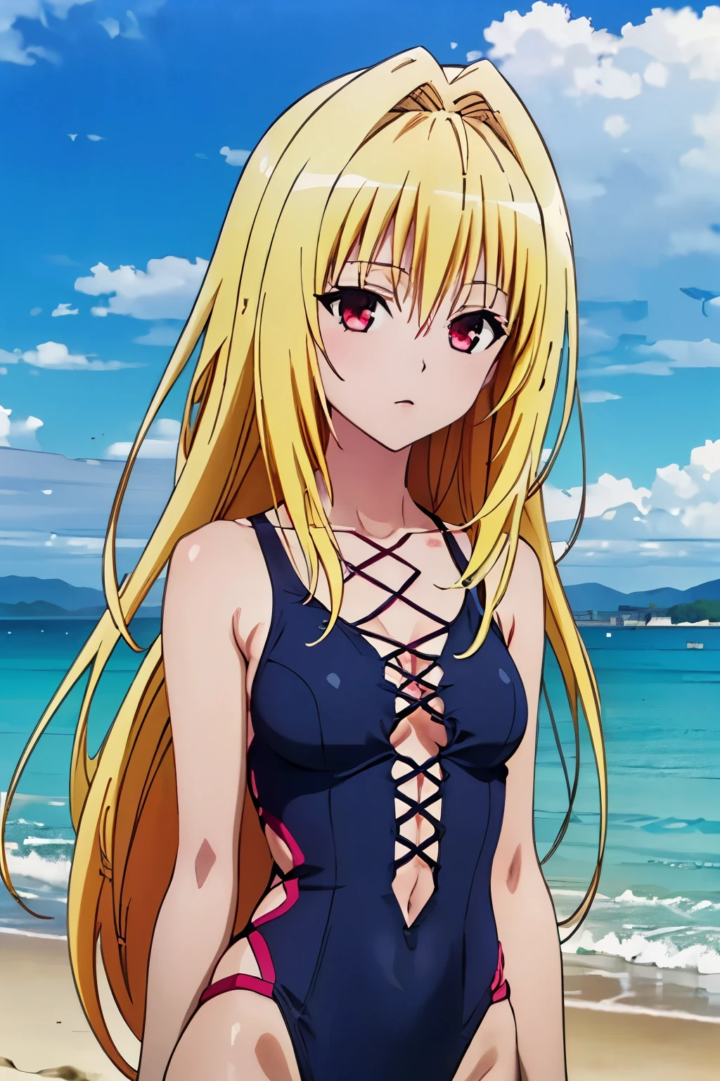 (masterpiece, best quality, high resolution, 8k:1.2), (anime coloring, official art:1.5), perfect character design, official art, highly detailed CG Unity 8K wallpaper, perfect face, perfect eye, perfect hair style, perfect body, beautiful body, beautiful skin, beautiful breasts, beautiful legs, beautiful hands, perfect hands, beautiful face, beautiful eyes, symmetrical eyes, slim body, (1 girl), Golden darkness, long-haired blonde, (Mature face:1.0), slim, (short:1.3), (small breasts, beautiful breasts :1.3), ((micro swimsuit), (lace up:1.3), clavicle, (exposure:1.4)), (outdoor, beach, day, sky blue, cloud ), (upper body:1.2), Dutch angle, looking at the spectator,