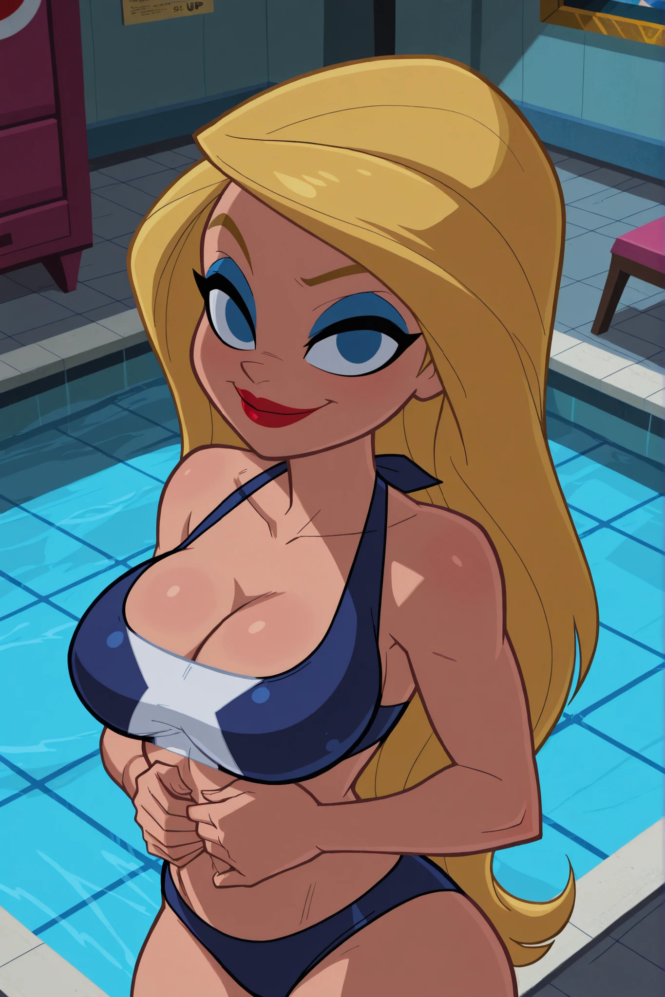 BREAK, score_6_up, score_7_up, score_8_up, score_9, Stargirl, 1girl, solo, long hair, blue eyes, blonde hair, lipstick, superhero, red lips, very large breasts, cleavage, curvy, athletic, looking at viewer, seducing viewer, teasing viewer, smiling, closed mouth, seductive expression, bedroom eyes, busty, dark blue bikini top, dark blue bikini bottom, indoors, pool, standing, portrait, upper body, closeup, high-angle view, blue eyeshadow, hands on waist