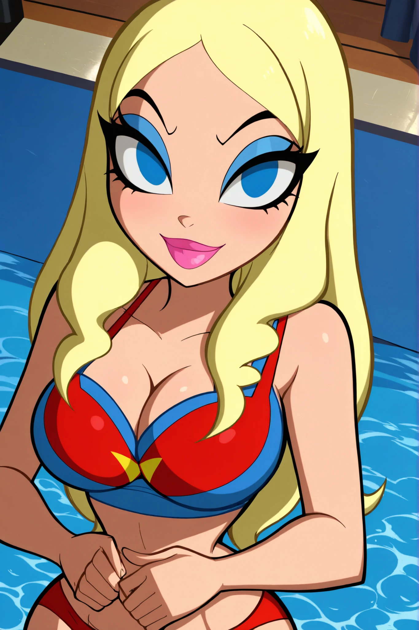 BREAK, score_6_up, score_7_up, score_8_up, score_9, masterpiece, best quality, amazing quality, SGJLA, 1girl, solo, blonde hair, blue eyes, pink lipstick, long hair, makeup, very large breasts, busty, cleavage, curvy, athletic, looking at viewer, seducing viewer, teasing viewer, seductive expression, smiling, closed mouth, bedroom eyes, blue bikini top, red bikini bottom, indoors, pool, standing, closeup, portrait, upper body, high-angle view, blue eyeshadow, hands on waist