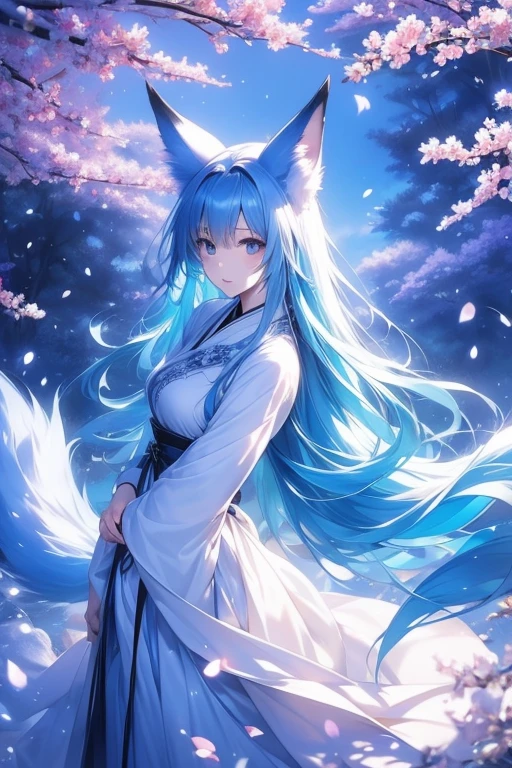 fox Light blue hair beast girl indigo fur fox beast girl fox Light blue hair beast girl indigo fur fox beast girl Wallpaper 4k,8k,highly detailled,,vivid colors,detailed kitsune with 9 tails,traditional Japanese artwork,tatami floor,beautiful cherry blossoms,floating lanterns,dark silhouette of a pagoda,subtle moonlight,dense forest,ethereal atmosphere,dappled sunlight,whimsical spirit,serene expression,elaborate kimono and obi,delicate hand-painted details,luminous eyes Anime Style fox blue White-faced golden-haired nine-tailed fox Coat blue mysterious background Blue Flame girl have a ball of light Anime Style fox blue White-faced golden-haired nine-tailed fox Coat blue mysterious background Blue Flame girl have a ball of light