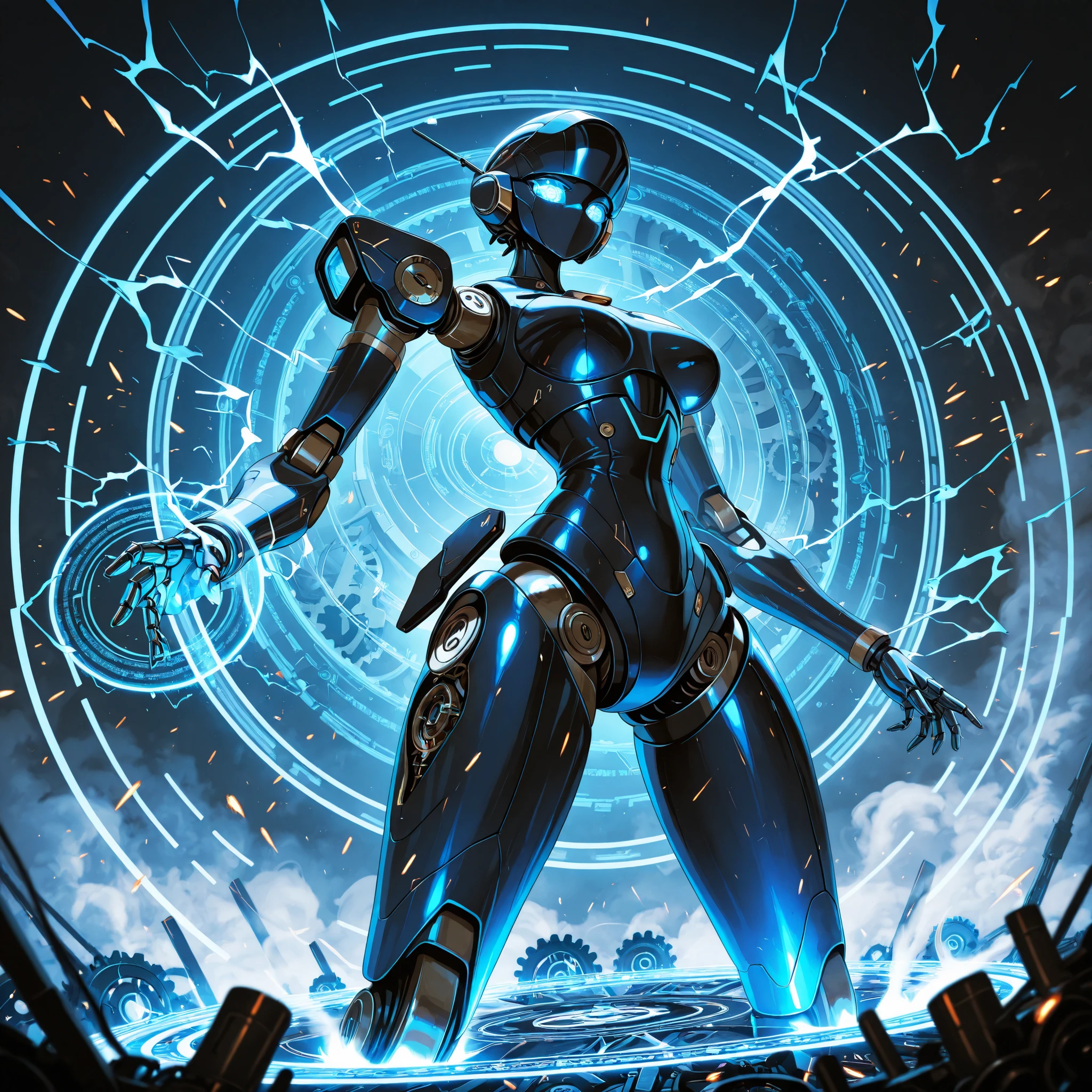 A hyper-detailed industrial female robot with six heavy mechanical arms, built from polished steel and glowing circuits. She operates beneath a massive floating electronic circle, releasing crackling sparks and arcs of electricity. Each arm is engaged in precise movements, as if controlling advanced machinery. Her metallic plating reflects pulses of blue and white light, with visible wires, gears, and energy cores across her frame. Dark futuristic background filled with smoke, sparks, and holographic projections. Cinematic sci-fi atmosphere, ultra-realistic textures, dramatic perspective.