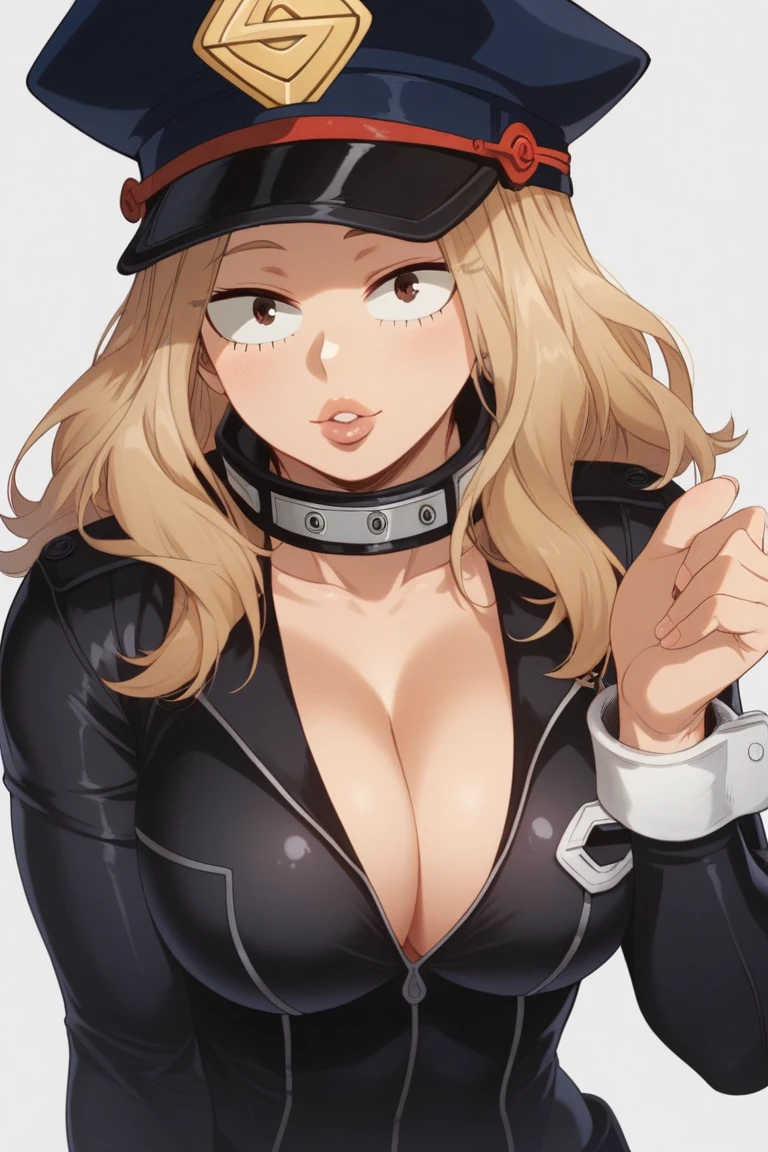 1girl, utsushimi kemii, boku no hero academia \\\\\ masterpiece, best quality, very aesthetic, absurdres, newest \\\\\\ slim body,///// ,by nyantcha,cutesexyrobutts , by khyle,,////// beautiful face,  light brown hair  ,plump and glossy lips, . , looking at viewer, close-up, dark brown eyes,, cap,  black catsuit with blending patterned lines and a zipper running down the middle, left slightly down to reveal her cleavage. She wears white cuffs around her wrists,,standing, city, 
