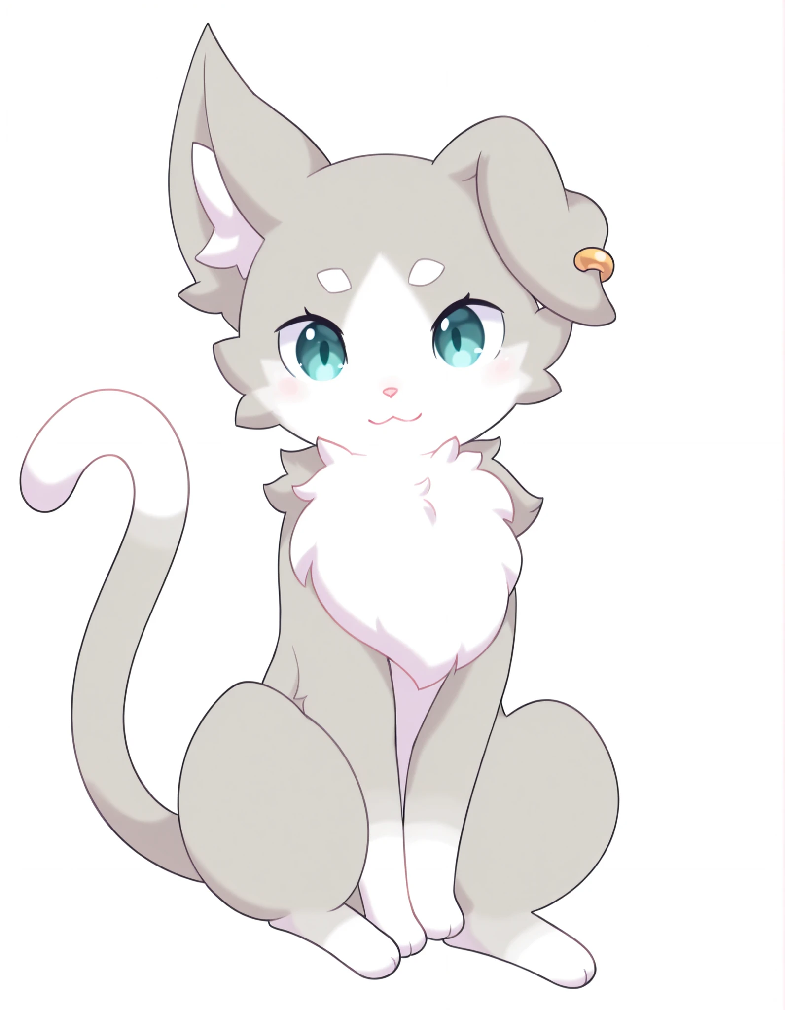 pearlykf, pokemon (creature), furry,, Puck_(Re:Zero),, cat, single ear down, animal ear piercing, animal ear fluff, aqua eyes, two-tone fur, neck fur, grey fur, white fur, cat tail, no humans, little