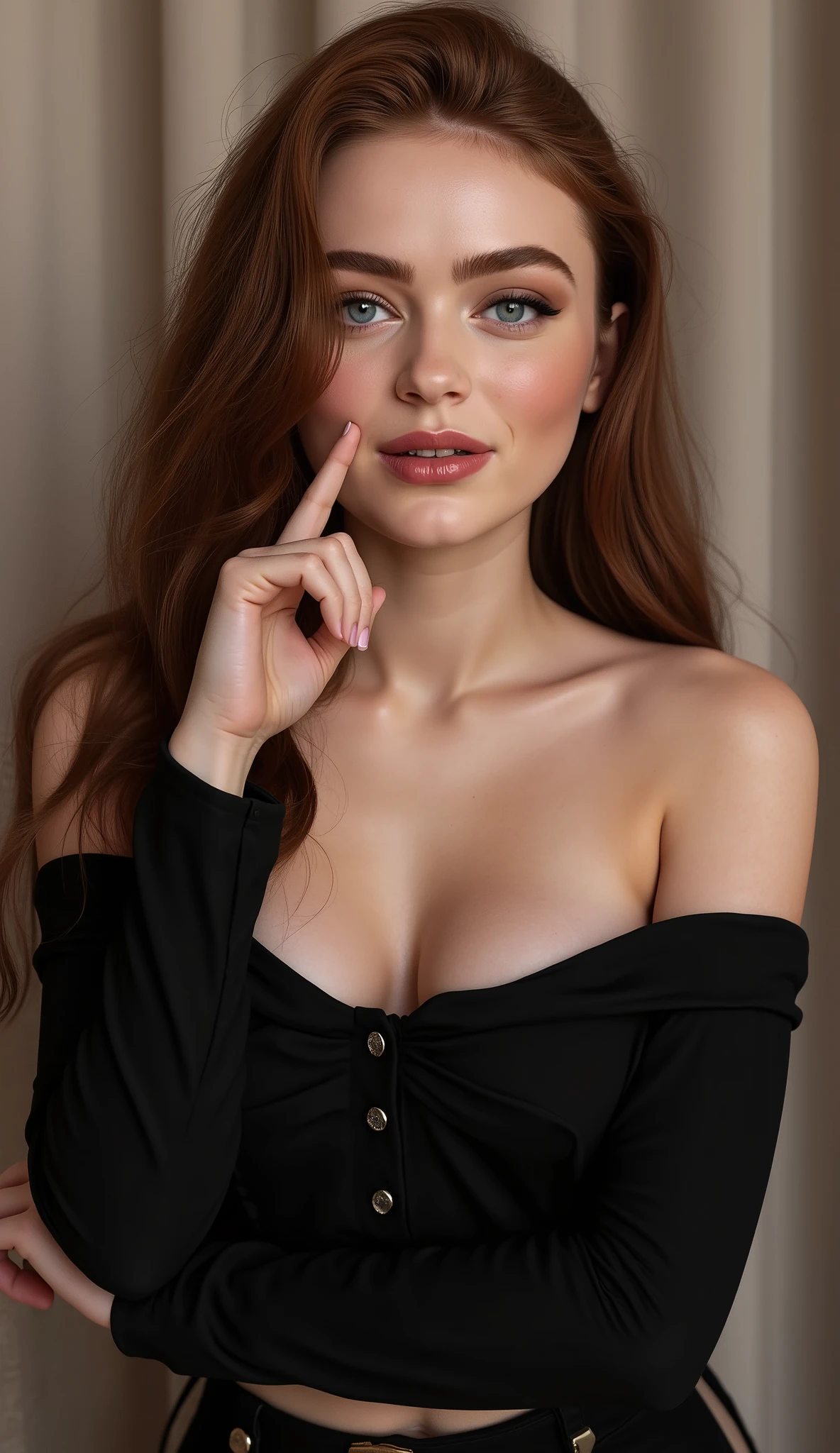 photorealistic portrait of  a stunning woman + (((seductive smile))) + (((hourglass figure, Big breasts))) + (((keep the exact face and hair details of the selected LoRA))), medium shot, from chest up, centered in frame, camera angle slightly low, looking directly at viewer with playful expression, winking right eye, left eye open, subtle smile, index finger gently touching nose in "shh" gesture, hair cascading over shoulders, wearing black off-shoulder top with long sleeves, fabric soft with natural folds, no jewelry or accessories, professional makeup: smoky brown-black eyeshadow, thick winged eyeliner, false lashes, defined eyebrows, pink blush on cheeks, glossy nude-pink lips, skin smooth with soft glow, even lighting from front, studio setup with diffused soft light, no harsh shadows, background is textured beige-gray velvet curtain with vertical subtle ridges, clean and minimal, no objects or distractions, ultra-detailed skin texture, realistic hair strands, natural body proportions, no deformations, high resolution, sharp focus, cinematic lighting, photorealistic style, optimized for flux model, seaart platform
