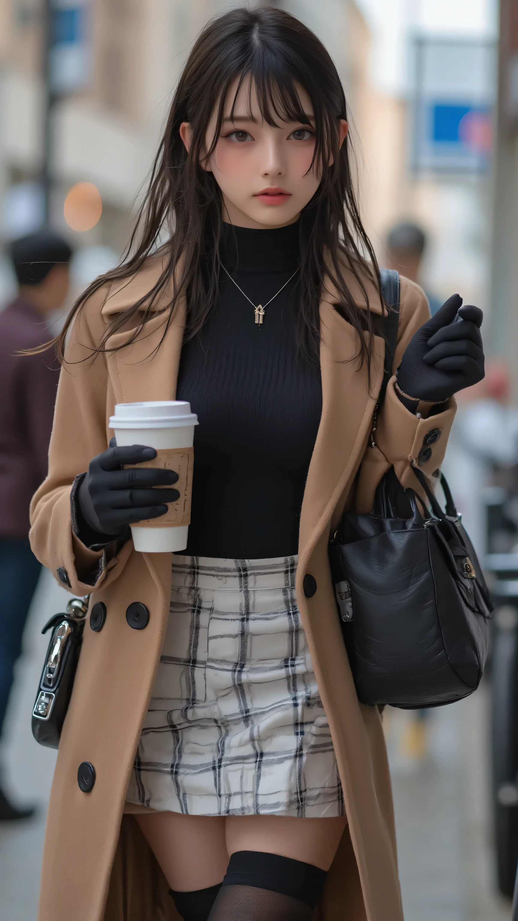 a stunning sexy female with a striking appearance. petite physique,, dynamic pose, soft shading, bright lighting, dutch angle, cinematic position, mixed color hair, high heels, pantyhose, cup, gloves, coat, brown coat, bag, jewelry, black gloves, holding, skirt, black footwear, disposable cup, looking at viewer, holding cup, full body, sweater, handbag, necklace, walking, black sweater, outdoors, blurry background, black pantyhose, high heel boots, long sleeves, turtleneck, blurry, earrings, boots, plaid, breasts, plaid skirt, turtleneck sweater, hair bun, coffee cup, braid, closed mouth, open coat
very aesthetic, ultra-detailed, high contrast, backlighting, bokeh, volumetric lighting, white skirt, blush, shiny clothes, double bun, open clothe, ankle boots, absurdres, best quality, newest, very aesthetic
