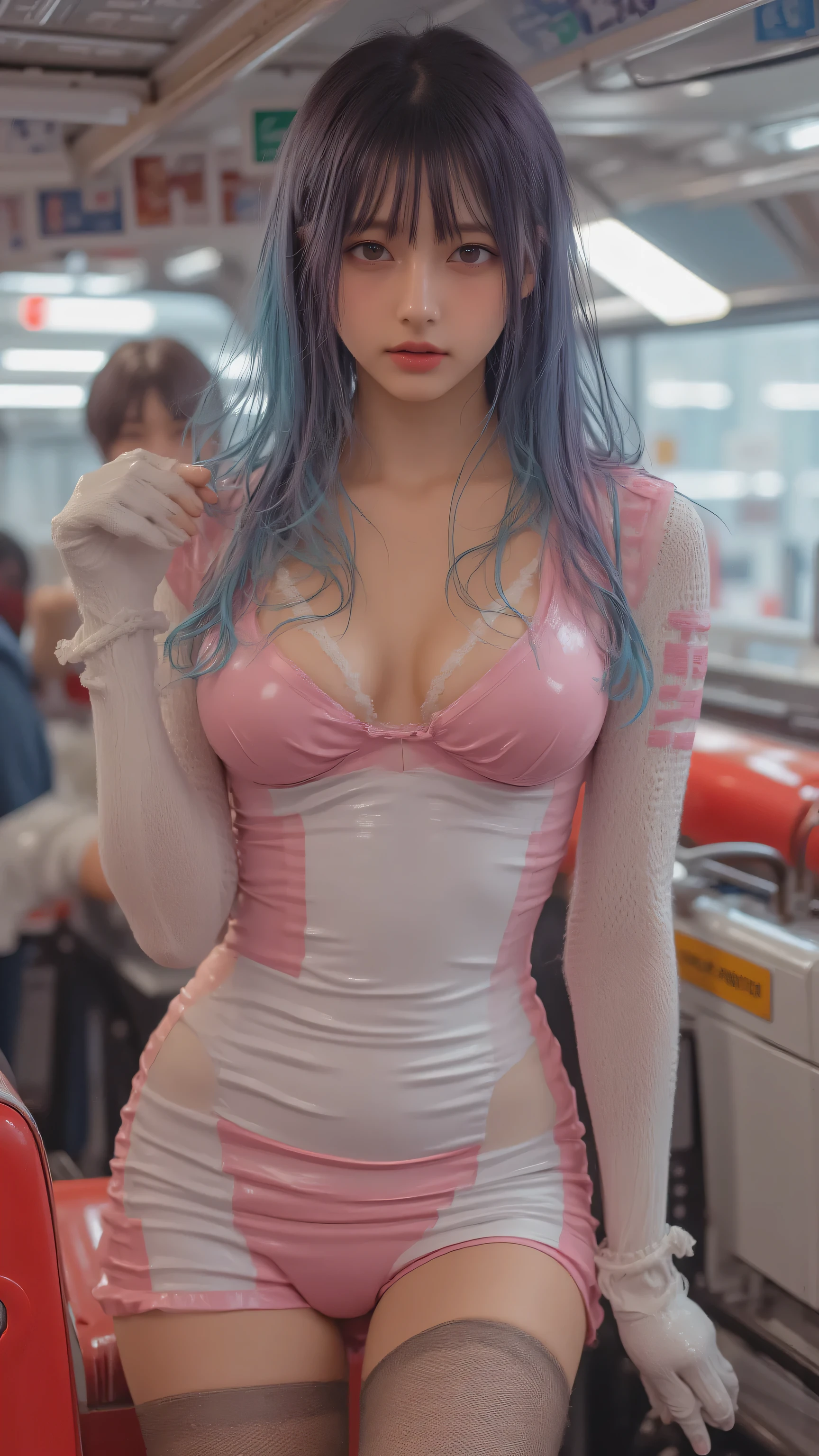 ((masterpiece)), (best quality), (ultra-detailed), (extremely detailed), (perfect anatomy), (photorealistic), ((Japanese)), ((asian woman)), ((Multicolored hair)), ((pink and blue hair)), ((retro future fashion)), ((60s space age design)), ((geometric mini dress)), ((vinyl materials)), ((go-go boots)), ((futuristic accessories)), ((mod makeup)), ((space-inspired elements)), ((retrofuturistic setting)), ((atomic age furniture)), ((space age architecture)), ((bold color blocks)), ((vintage futuristic lighting)), ((confident pose)), ((retro sci-fi aesthetic)), ((optimistic futurism)), ((space exploration theme)), ((pop art influence))