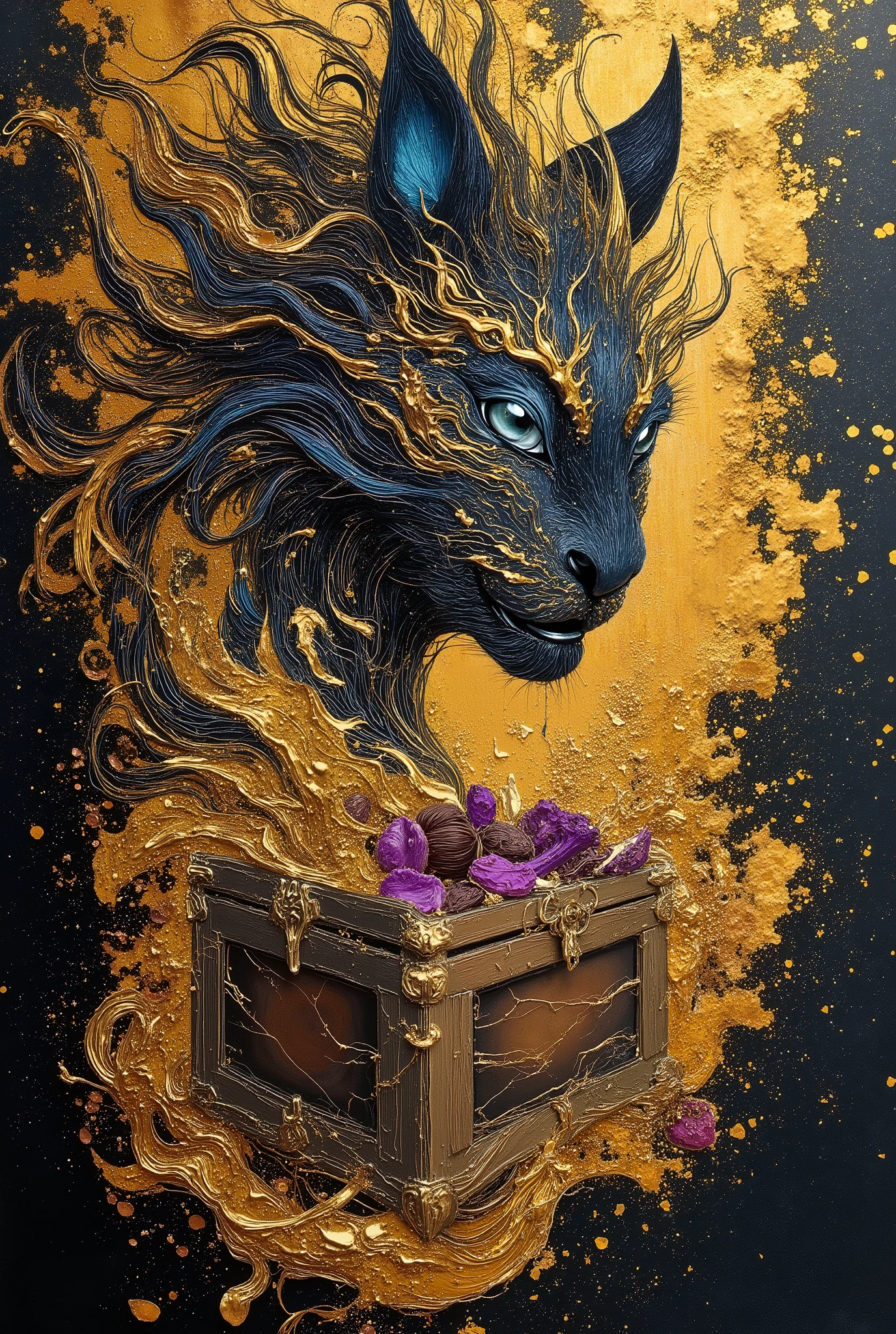 extremely aesthetic, mythological style, Art Nouveau and Impressionism hybrid, Impasto technique oil-painting, illustration of Pandora in profile view opening her infamous box, surreal contents flowing out, decorative three-dimensional flowing onyx hair, piercing blue eyes, off-center dramatic composition, powerful emotional brushstrokes, sculptural textured layers of paint applied with palette knife creating tactile dimension, subtle gradations giving impression of depth, vibrant swirling colors in gold and purple tones overflowing from canvas, destructive temptations escaping into the mortal world, anatomically correct feminine features, decorative Art Nouveau borders framing the scene, thick textured paint creating physical dimension, artistic tension between beauty and doom, innovative cutting-edge interpretation of classical mythology, masterpiece quality rendering with mad obsession to detail, hazelnuts scattered symbolically among the escaping contents, emotional intensity captured in Pandora's expression of shock, the girl with all the gifts portrayed with both innocence and fateful curiosity