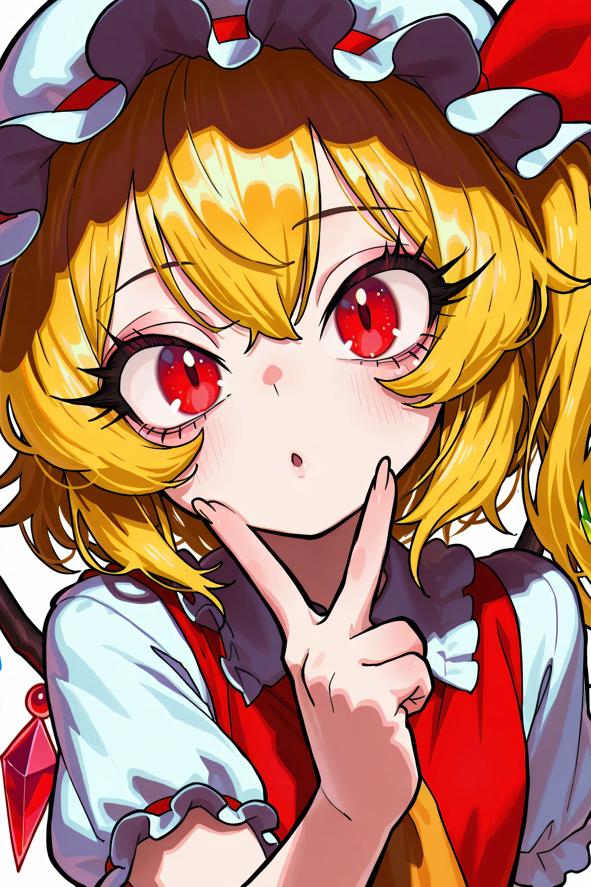 , score_9, score_8_up, score_7_up,  penis nose,  upper body ,  portrait, balls, chastity cage, , small penis, meito (maze), leoria (red corruption), red corruption, 1girl, :d, blonde hair, blush, bow, breasts, cleavage, hair between eyes, hair bow, hair ribbon, hand up, long hair, medium breasts, open mouth, pink background, red bow, red eyes, red ribbon, ribbon, smile, solo, strapless, two-tone background, two side up, upper body, white background, wrist cuffs