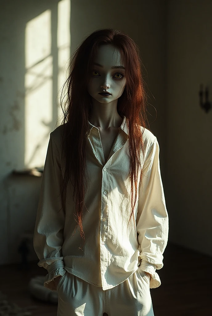 a woman, very thin body, body visible bones, very slender, pale white skin, , ,tatto, full body, has a mental breakdown in an underground prison, sit on chair , crossed leg