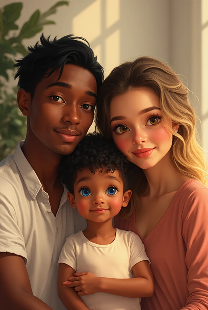 Create the image of a child whose mother is dark-skinned, straight dark brown hair,  wavy only at the ends, eyes browns. And the father is tall, dark brown curly hair, pele clara e eyes browns . A baby 