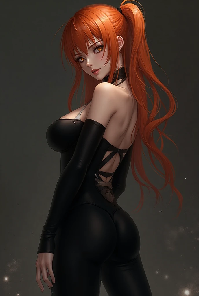 masterpiece), best quality, nami, expressive eyes, name from one piece, perfect face, anime girl,  back, black dress, woman, feminine attractive woman, black carpet dress, orange_red hair, standing with back, looking back, masterpiece, unsharp, 8k resolution,  back, attractive lips, attractive, sharp jawline, attractive slim hands, attractive body, attractive face, attractive hands, brown eyes, nami, best quality, name anime girl, proud attractive face, dark hair,  , detailed orange hair, detailed hair, standing with back, looking back, She has a striking appearance with red hair flowing down her back,  back, attractive , Her eyes are a piercing shade of brown, black dress, adding to her allure and hinting at hidden depths. namis presence is undeniably attractive, exuding a mix of elegance and a subtle, commanding aura, standing with back, She is wearing black carpet dress , tight black carpet dress, highlighting her graceful posture and adding to her enigmatic allure