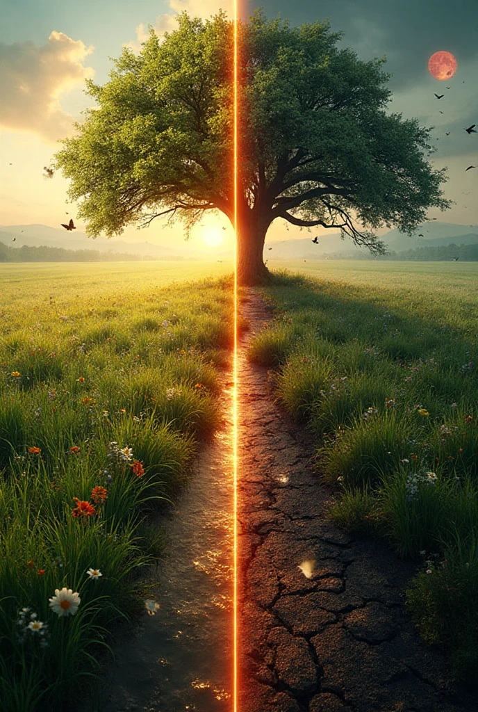 A vertical split “Life vs Death” artwork with a glowing central line ...