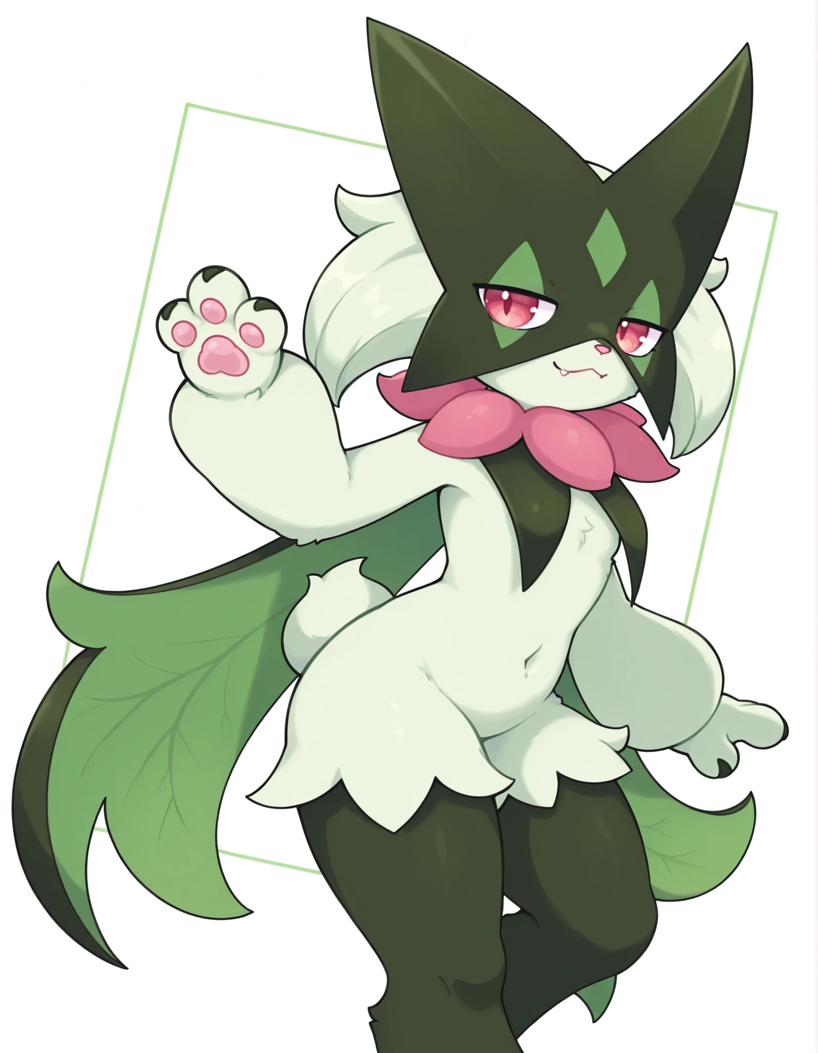 pearlykf,, Meowscarada:chibi, pokemon (creature), BREAK furry, furry female, solo, posing, BREAK square background, BREAK masterpiece, best quality