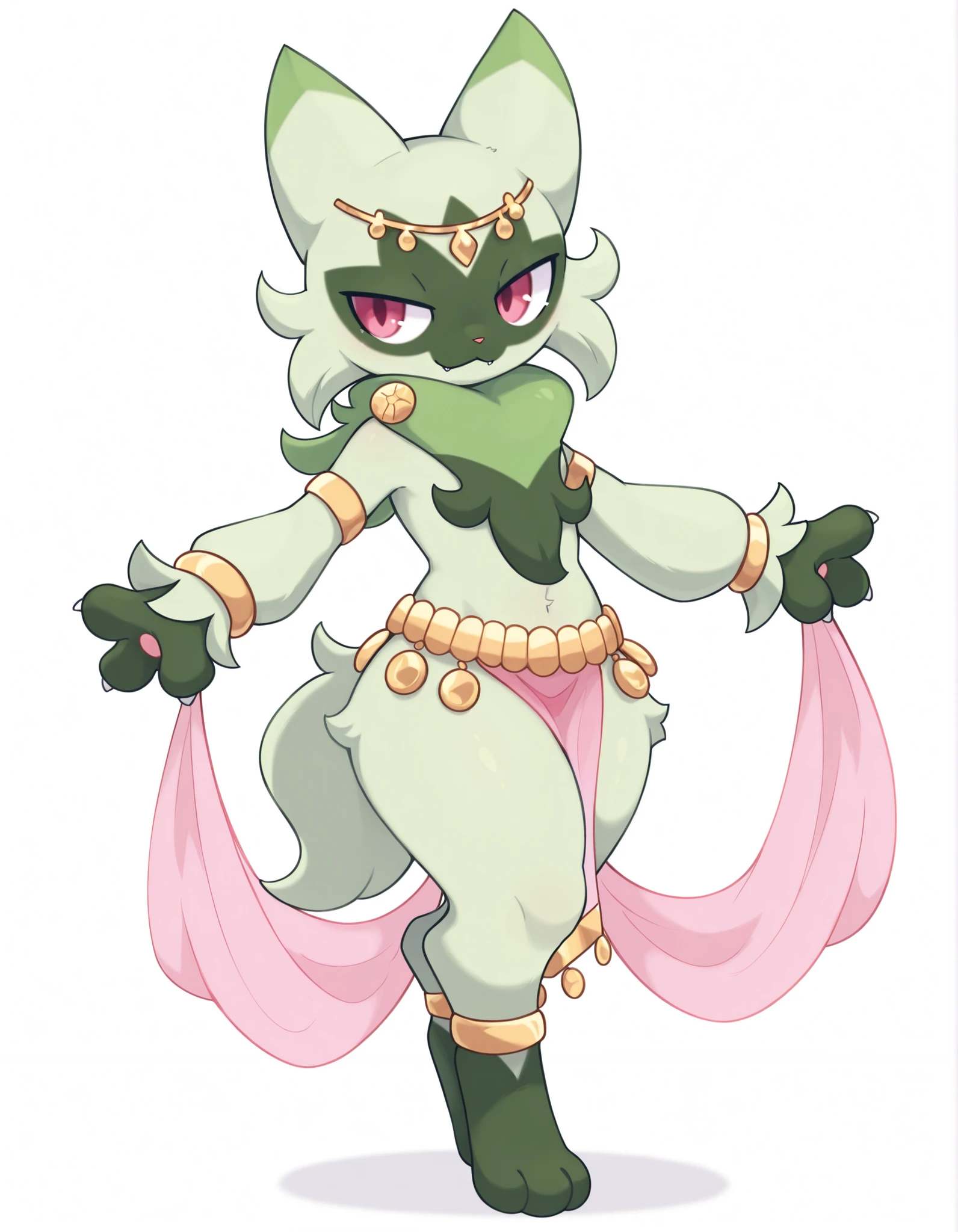 pearlykf,, (masterpiece, best quality, very aesthetic, absurdres, shaded, white background), pokemon (creature), floragato, anthro, furry, dancer outfit, gold jewelry, gold diadem, gold coin belt