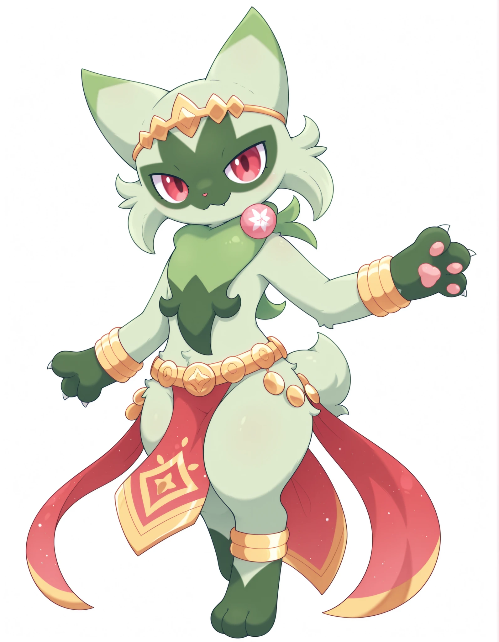 pearlykf,, (masterpiece, best quality, very aesthetic, absurdres, shaded, white background), pokemon (creature), floragato, anthro, furry, dancer outfit, gold jewelry, gold diadem, gold coin belt