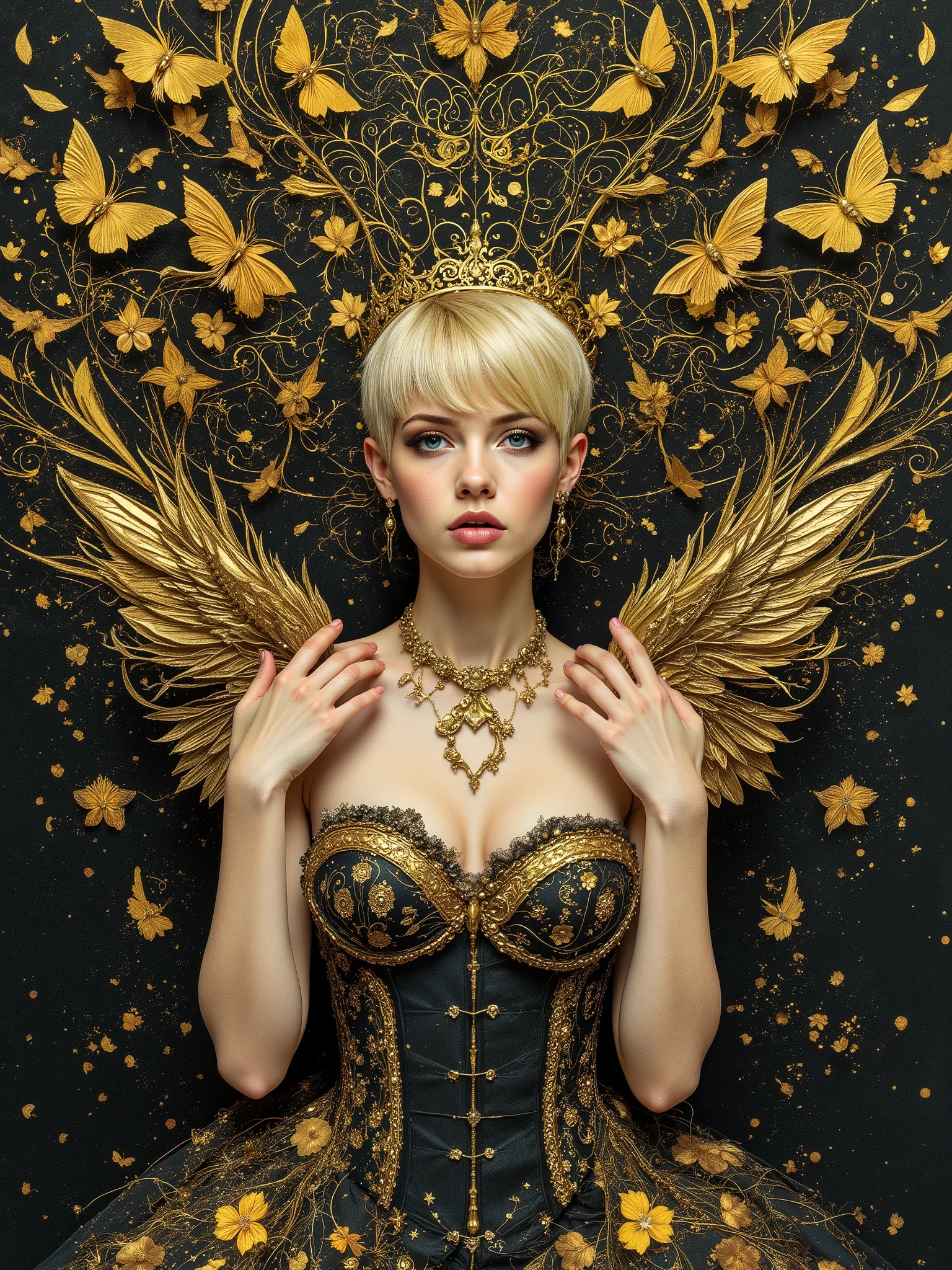 masterpiece, very aesthetic, best quality, newest, cinematic surreal shot, absurdres, high res, very stylized with gold filigree
BREAK
Regal full figured 22 year old, crown of gothic moths, very expressive face denoting satisfaction, anatomically correct body, perfect hands, watercolor, 1girl, short but amazing magical girl, blonde pixie cut hair, pretty face full of experience yet innocent, beauty and grace, radiant eyes, bold nose, petite majestic angel, gold and black theme, gothic strapless corset dress, dmai