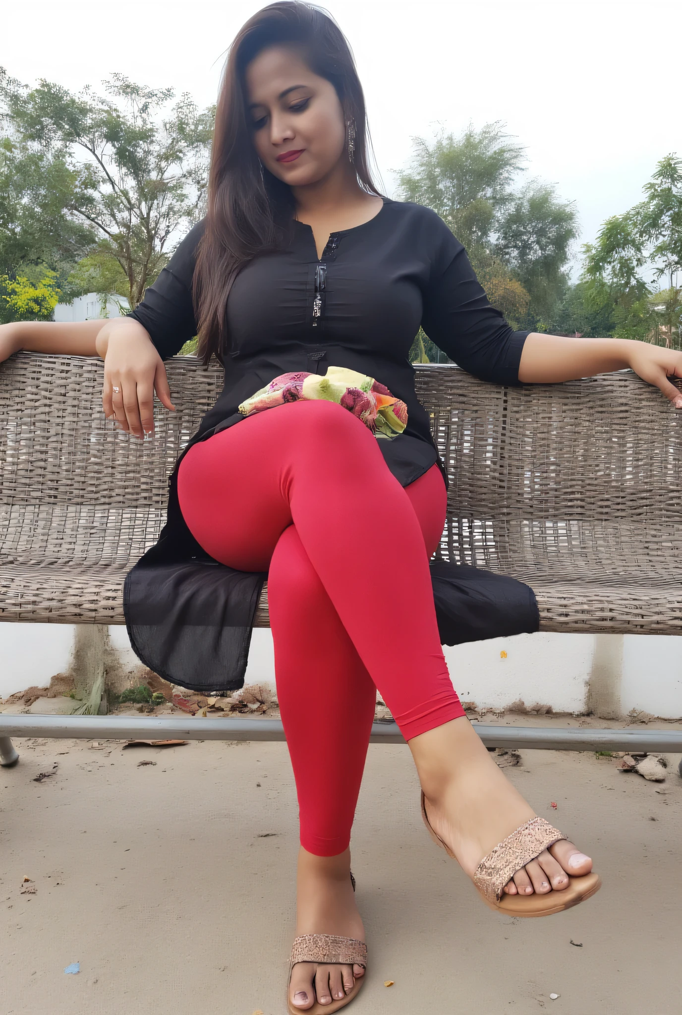 Meenakshi 25 year old hot sexy girl in kurti legging ,lipstick, glow skin, long hair, ,sseated on a metal bench. She has fair skin, Her body type appears to be curvy and well-proportioned. She is seated with one leg crossed over the other, and her arms resting on ,leggings sexy hot structure feet, big breast,side leg feet focus on sexy side posing feet hot pose legging tight,indian hot side pose full image from head to leg Both side black kurta and red legging wet tight with panty lines