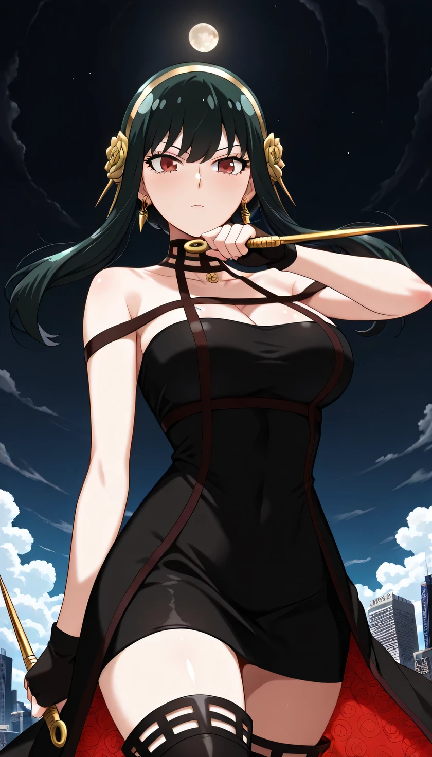{{{masterpiece}}}, (best quality:1.5), (ultra-detailed:1.5), {illustration}, {{an extremely delicate and beautiful}}, (beautiful detailed eyes:1.3), absurdres, highres, extremely detailed face, 16k, hd, visual anime de uma jovem mulher, extremamente bonito rosto de anime, anime melhor garota, (perfect hands, perfect anatomy), anime face, Yor Forger(Spy x Family), yor briar, yorfor, 1girl, solo, cute face, black hair, short hair with long locks, sidelocks, asymmetrical bangs, (red eyes:1.2), narrow chin, large breasts, big hips, curvaceous, BREAK, gold hairband, hair flower, gold earrings, mini bodycon dress, black dress, off-shoulder dress, black trimmed dress, sleeveless, bare shoulders, choker, collarbone, cleavage, fingerless gloves, black gloves, black loincloth, (Long hem:1.1), two-sided dress, red lining, black thighhighs, thighs, zettai ryouiki, BREAK, weapon, holding dagger, dual wielding, dagger, Stilett, holding dagger, BREAK, sky above, levitation, floating, above the clouds, cool face, angry, expressionless, looking at viewer, outdoor, night, city night view, night sky, moon, (peer in from below:1.2), (upper body:1.5)