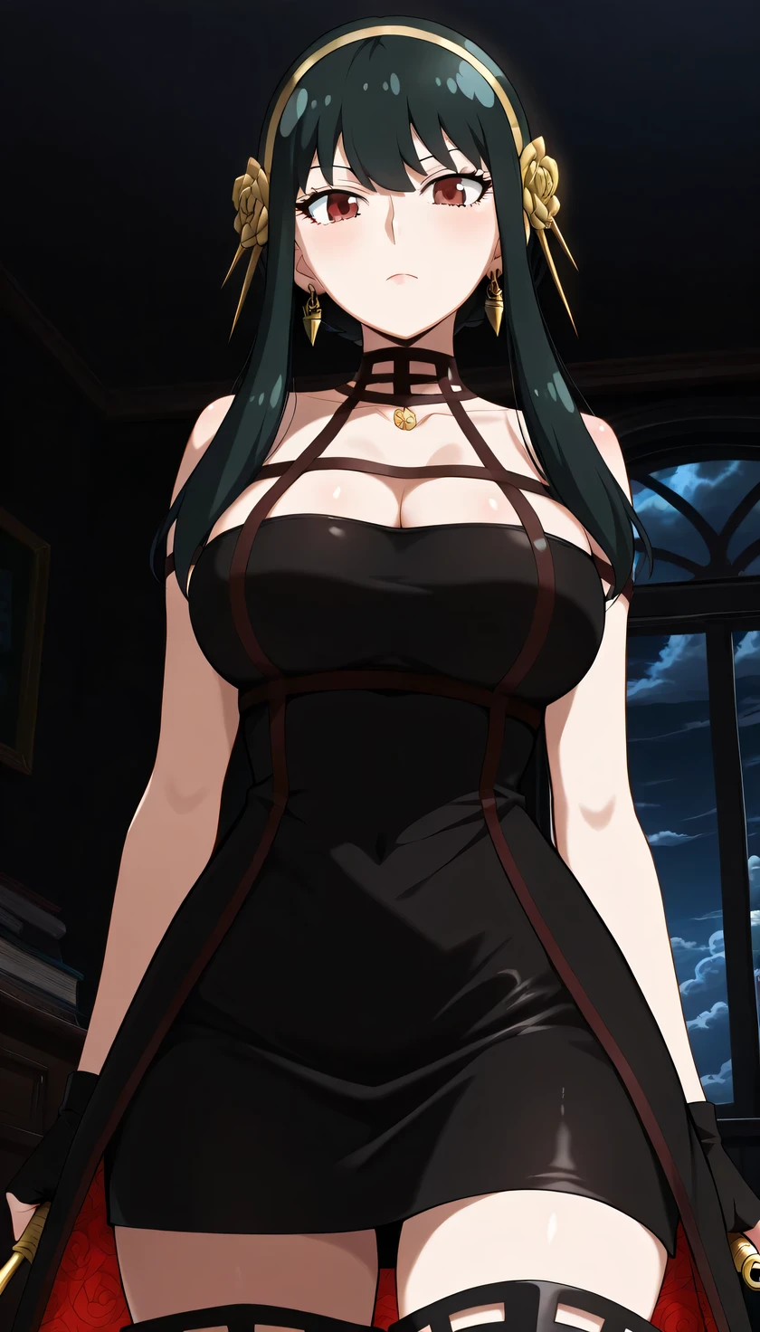 {{{masterpiece}}}, (best quality:1.5), (ultra-detailed:1.5), {illustration}, {{an extremely delicate and beautiful}}, (beautiful detailed eyes:1.3), absurdres, highres, extremely detailed face, 16k, hd, visual anime de uma jovem mulher, extremamente bonito rosto de anime, anime melhor garota, (perfect hands, perfect anatomy), anime face, Yor Forger(Spy x Family), yor briar, yorfor, 1girl, solo, cute face, black hair, short hair with long locks, sidelocks, asymmetrical bangs, (red eyes:1.2), narrow chin, large breasts, big hips, curvaceous, BREAK, gold hairband, hair flower, gold earrings, mini bodycon dress, black dress, off-shoulder dress, black trimmed dress, sleeveless, bare shoulders, choker, collarbone, cleavage, fingerless gloves, black gloves, black loincloth, (Long hem:1.1), two-sided dress, red lining, black thighhighs, thighs, zettai ryouiki, BREAK, weapon, holding dagger, dual wielding, dagger, Stilett, holding dagger, BREAK, sky above, levitation, floating, above the clouds, cool face, angry, expressionless, looking at viewer, indoor, office, night, ceiling, (dark room:1.5), (peer in from below:1.2), (upper body:1.5)