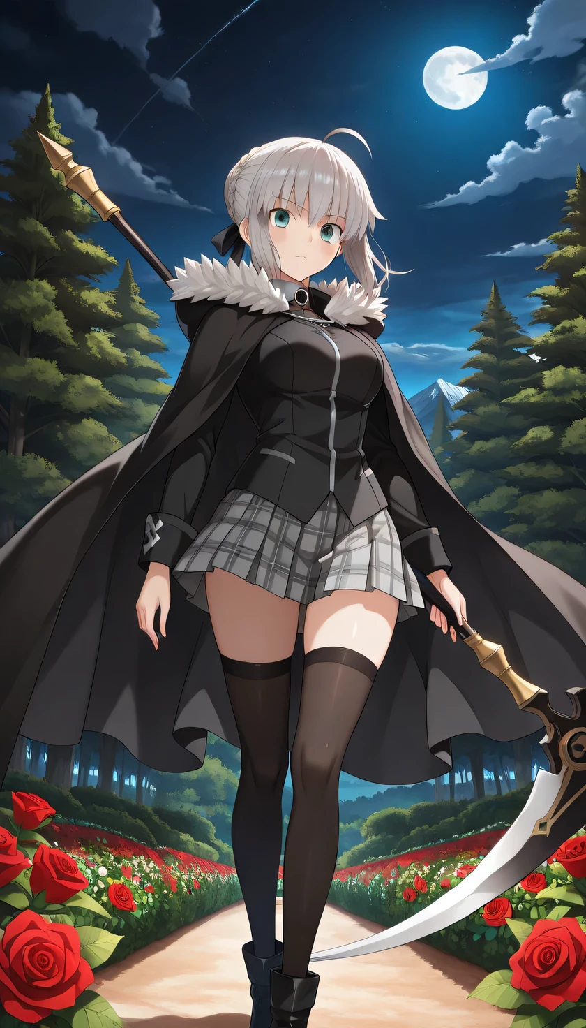 {{{masterpiece}}}, (best quality:1.5), (ultra-detailed:1.5), {illustration}, {{an extremely delicate and beautiful}}, (beautiful detailed eyes:1.5), absurdres, highres, extremely detailed face, 16k, hd, visual anime de uma jovem mulher, extremamente bonito rosto de anime, anime melhor garota, (perfect hands, perfect anatomy), anime face, gray(Fate Grand Order), 1gril, solo, cute face, short hair, grey hair, ahoge, french braid, braided bun, single hair bun, black ribbon, hair ribbon, bangs, sidelocks, green eyes, medium breasts, big hips, curvaceous, BREAK, black cape, long cape, hood, {{hood down}}, gray collar, fur collar, black jacket, long sleeves, black sleeves, plaid skirt, pleated skirt, grey skirt, miniskirt, black thighhighs, black footwear, thighs, zettai ryouiki, BREAK, holding, holding weapon, long handle, Reaper's Scythe, have a scythe, Combat Ready, looking at viewer, flash effect, outdoor, mountain, night, forest, rose garden, field, moonlight, peer in from below