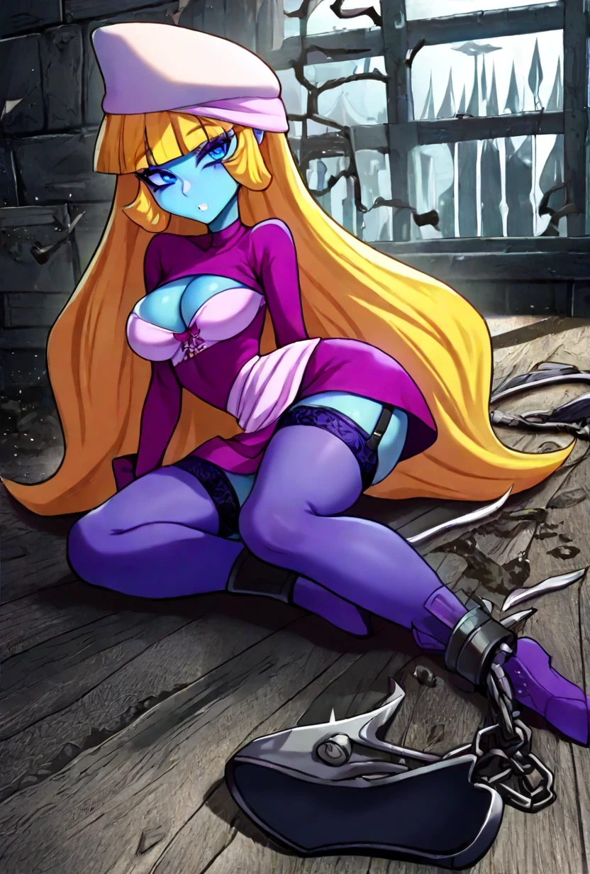 score_9, score_8_up, score_7_up, score_6_up, score_5_up, score_4_up, BREAK,
1girl, aphrodite, blonde hair, long hair, blue eyes, purple skin, colored skin, earrings, lipstick, makeup,
squatting, chained collar, chain, leotard, foot focus, toes, stirrup stockings, solo, indoors, stone wall, graffiti, , mold, looking at viewer, defeat,<lora:AphroditeXL:1>