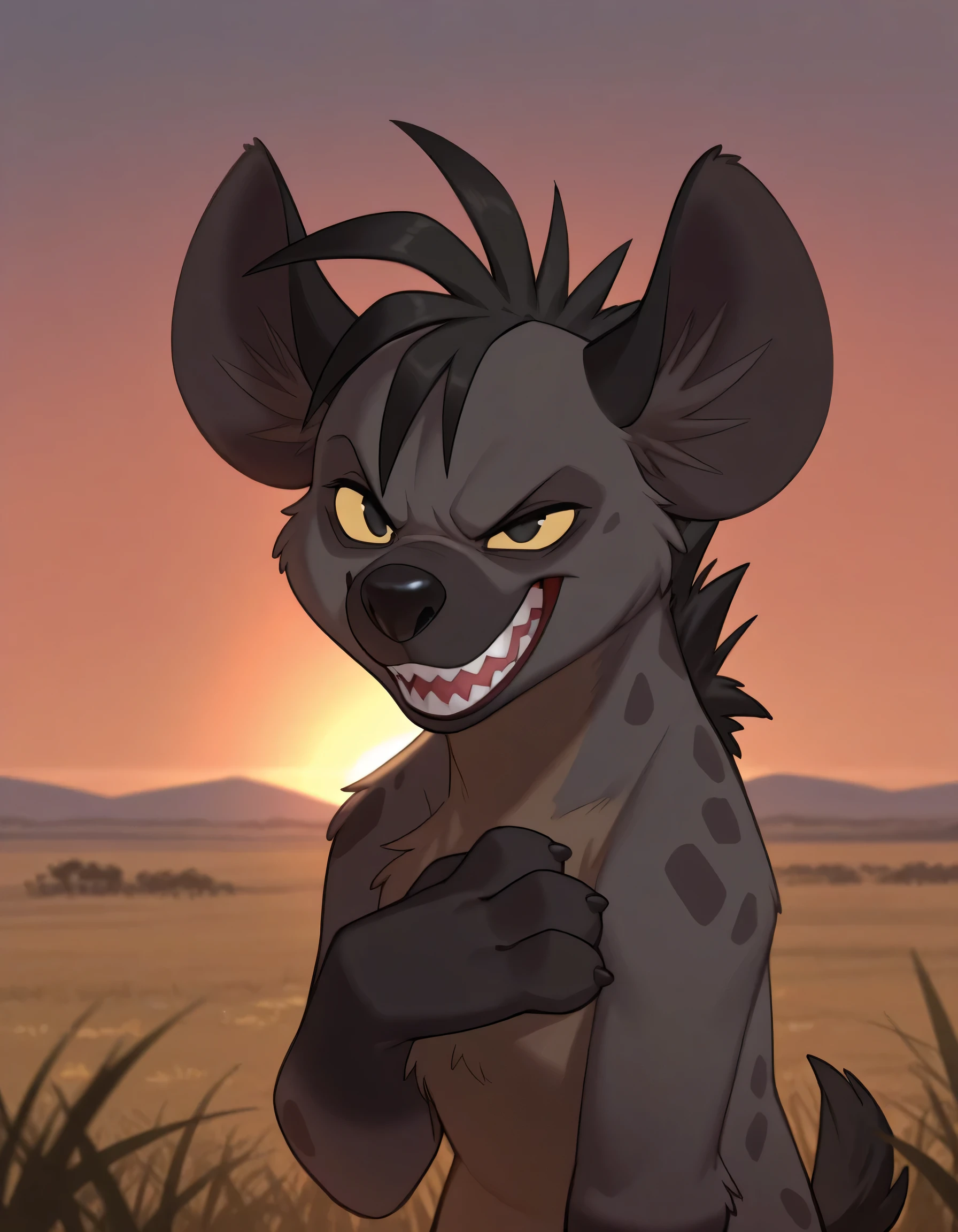 solo, Shenzi, furry, feral, hyena ears, black hair, short hair, back mane, dark-grey inner ear fluff, yellow sclera, black eyes, black nose, dark-grey body, dark-grey fur, dark-brown body, dark-brown fur, two tone body, two tone fur, dark-grey spots, short tail, black tail, smile, open mouth, tongue, sharp teeth, grin, (looking at viewer, sitting, africa, sunset, grass, front view, detailed background, upper body, 3 fingers, paws, hand on own chest, angry