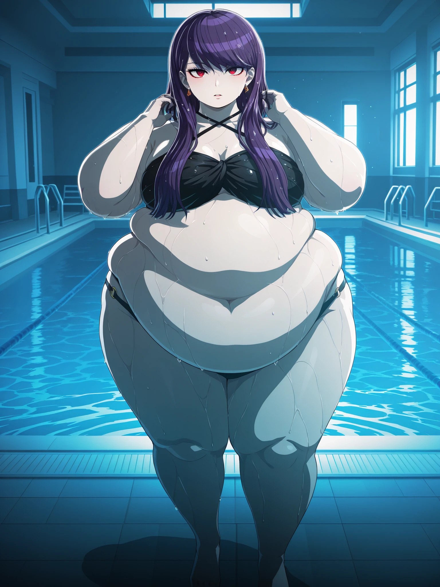 soft shadows, detailed highlights, natural lighting,bright lighting, dim light,high resolution,amazing quality,best quality,good lighting,very aesthetic,very awa,complex background,detailed eyes,detailed,anime coloring, masterpiece, best quality, highres, newest, 1girl, solo, official style,  masterpiece, best quality, highres, newest, 1girl, solo, official style,  hiruko, purple hair, long hair, red eyes, earrings, black bikini, halterneck, pool, indoor, wet body, hands on hair, expressionless, parted lips, looking at viewer, full body, WeightObese, fat, obese
