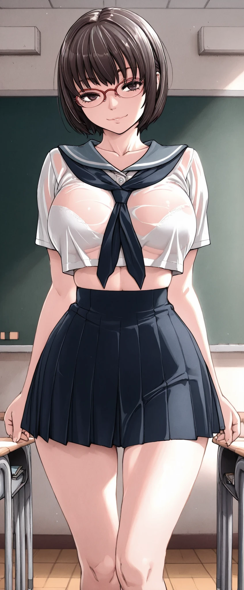 high resolution, Adult female , Good Lighting, classrooms, (((school uniform,SEE-THROUGH))), , Abdominal area only, cute face, , (Thin Waist)((short hair,dark haired)),glasses,facing front,Sexy Poses