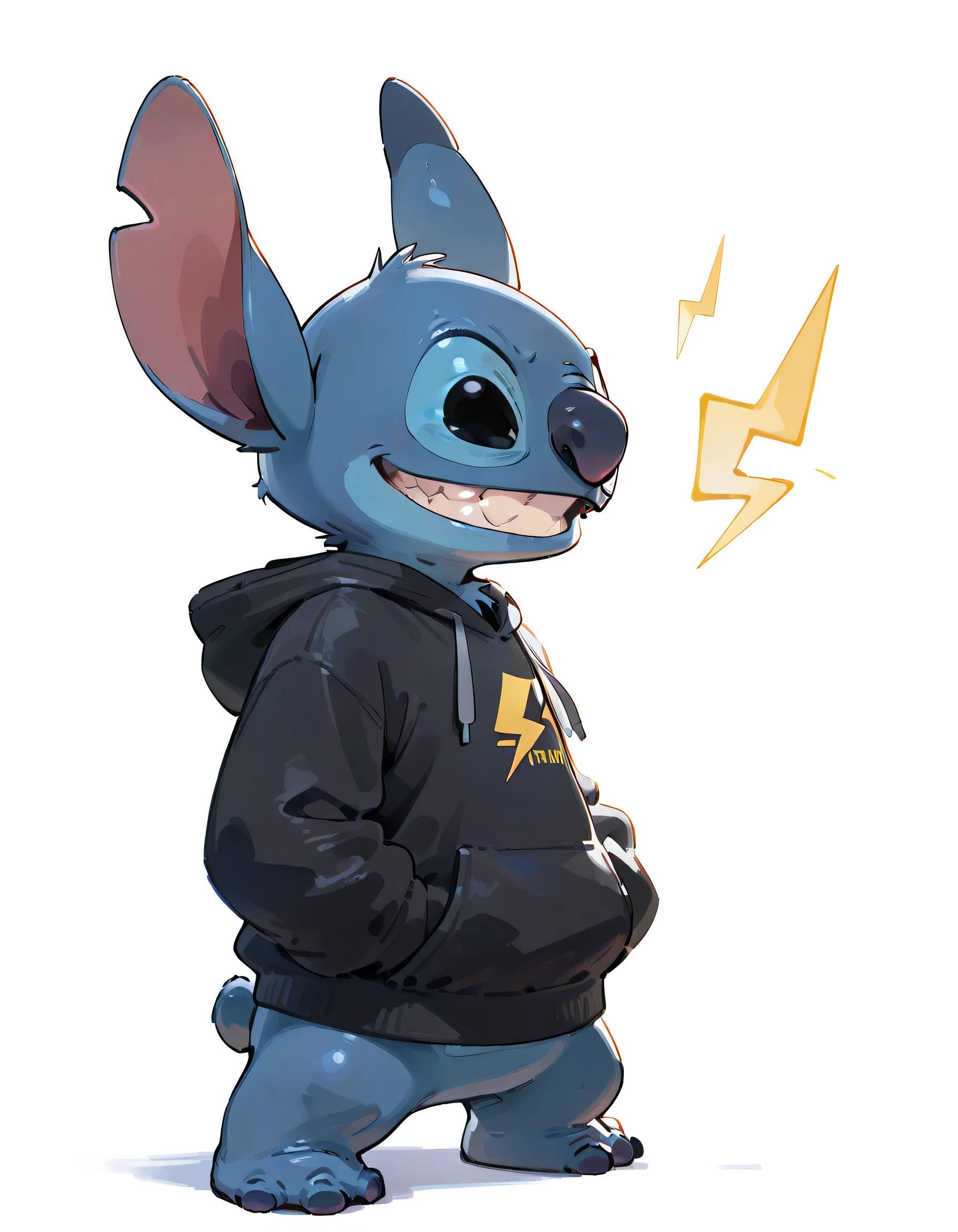 sideview,(chibl,fullbody),Stitch (Disney), 1boy, st1tch, black eyes, furry ,black hoodie, lightning bolt logo, cool, white background,grin,