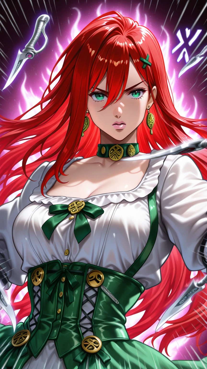 ,large breasts,looking at her side profile,beautiful face,bloody,red skin,rising from her tomb,long red hair in dense curls,long slender body,stomach