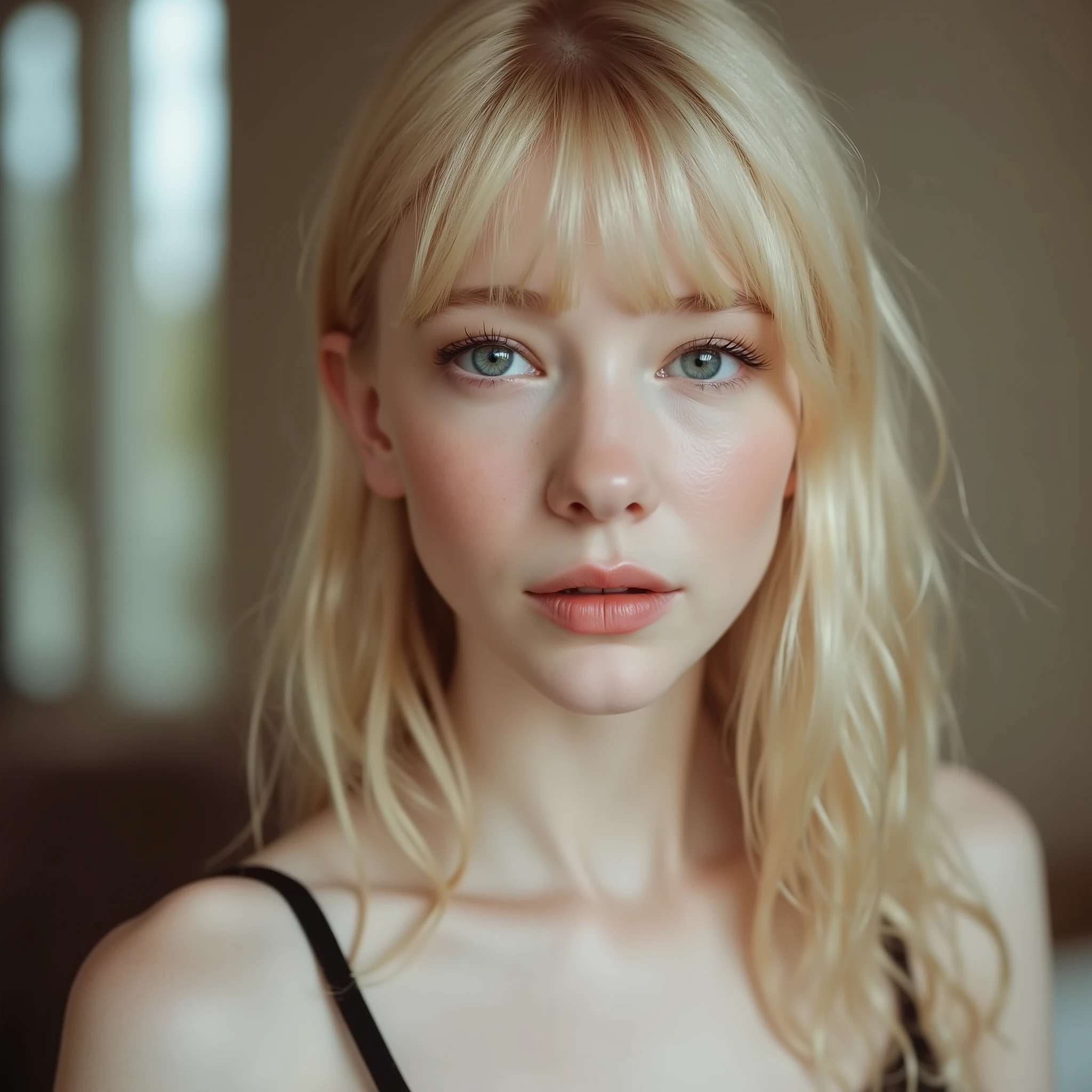 Full side face shot, studio photograph, face shot, A captivating young woman, who is a harmonious blend of elegant features and youthful charm, goth girl, goth aesthetics, straight hair, bang, blonde, long hair, camisole, shorts, sparkling eyes, long eyelashes, looking at viewer,
realistic skin, fine pores, vellus hair, subsurface scattering, hydrated glow, faint wrinkles, peach fuzz, soft matte finish,
cinematic shot, dynamic lighting, 75mm, Technicolor, Panavision, cinemascope, sharp focus, fine details, 8k, HDR, realism, realistic, key visual, film still, cinematic color grading, depth of field,