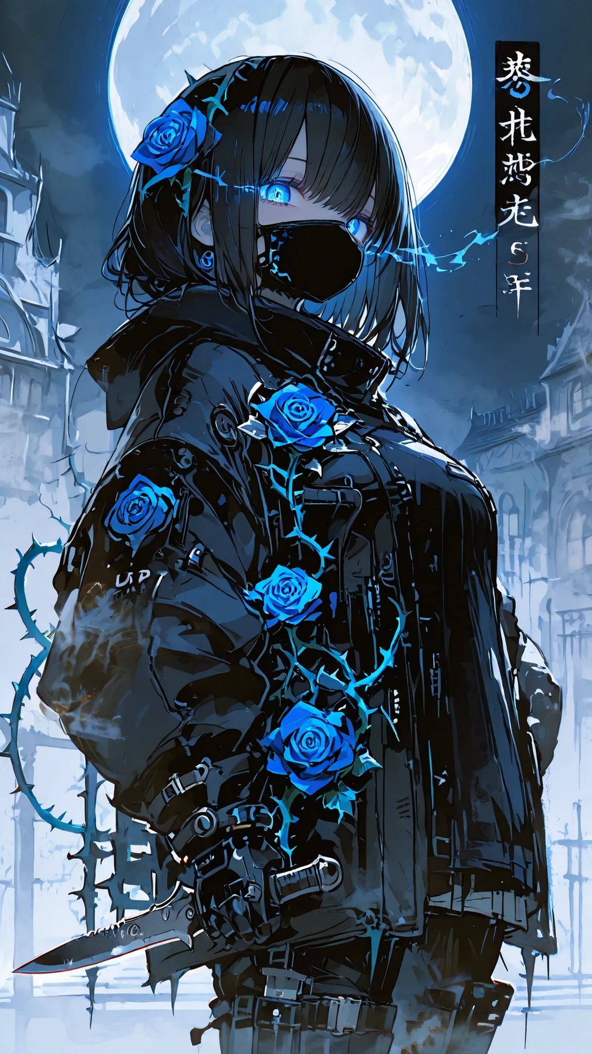 masterpiece), (Highest Quality), (very detailed), 8k, 32K, high resolution,score_9, score_8_up, score_7_up, source_anime, Reference Sheet,cowboy shot,Front Map, Forward-facing,fully frontal pose
女の子,smaller,short,round face,big breast,( Assassin),glowing_eyes,eye trail,black mask,Dark tools,knife,(blue rose :1.2),Thorns,night,fog,moon.techwear