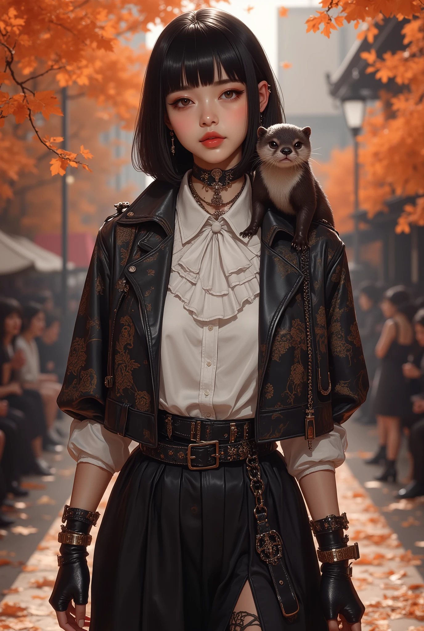 close-up、FASHION MODELS、 runway、Face here and stand up and pose、Outstanding smile 、Oriental beauty with straight bangs, black hair, short bob、Short-clawed otter riding on shoulders、Highest Quality、The background is Momiji no Mori Fashion Show venue、wearing a white ruffle shirt, riders jacket, culotte skirt、decorate with gothic accessories
