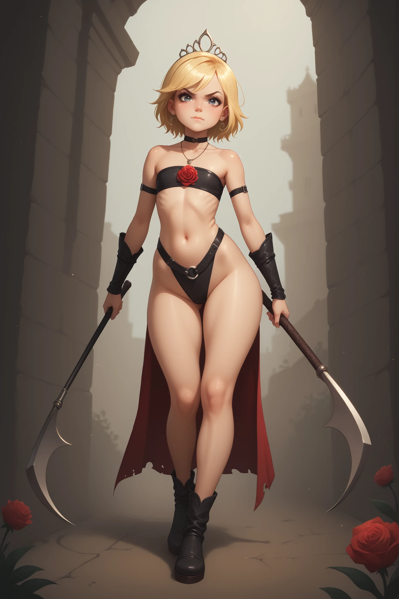 flat breasts. flat chest, skinny, huge hips, looking at viewer, 1o1a, blonde hair, tiara, Black eyes, earrings, necklace, choker. | masterpiece, anime coloring, newest, Ruby Rose, Main Outfit, solo, looking at viewer, smile, holding, full body, weapon, arm up, scythe, outdoors, ruins, fighting pose, angry, serious, soft particles, crescent rose. rose, garden