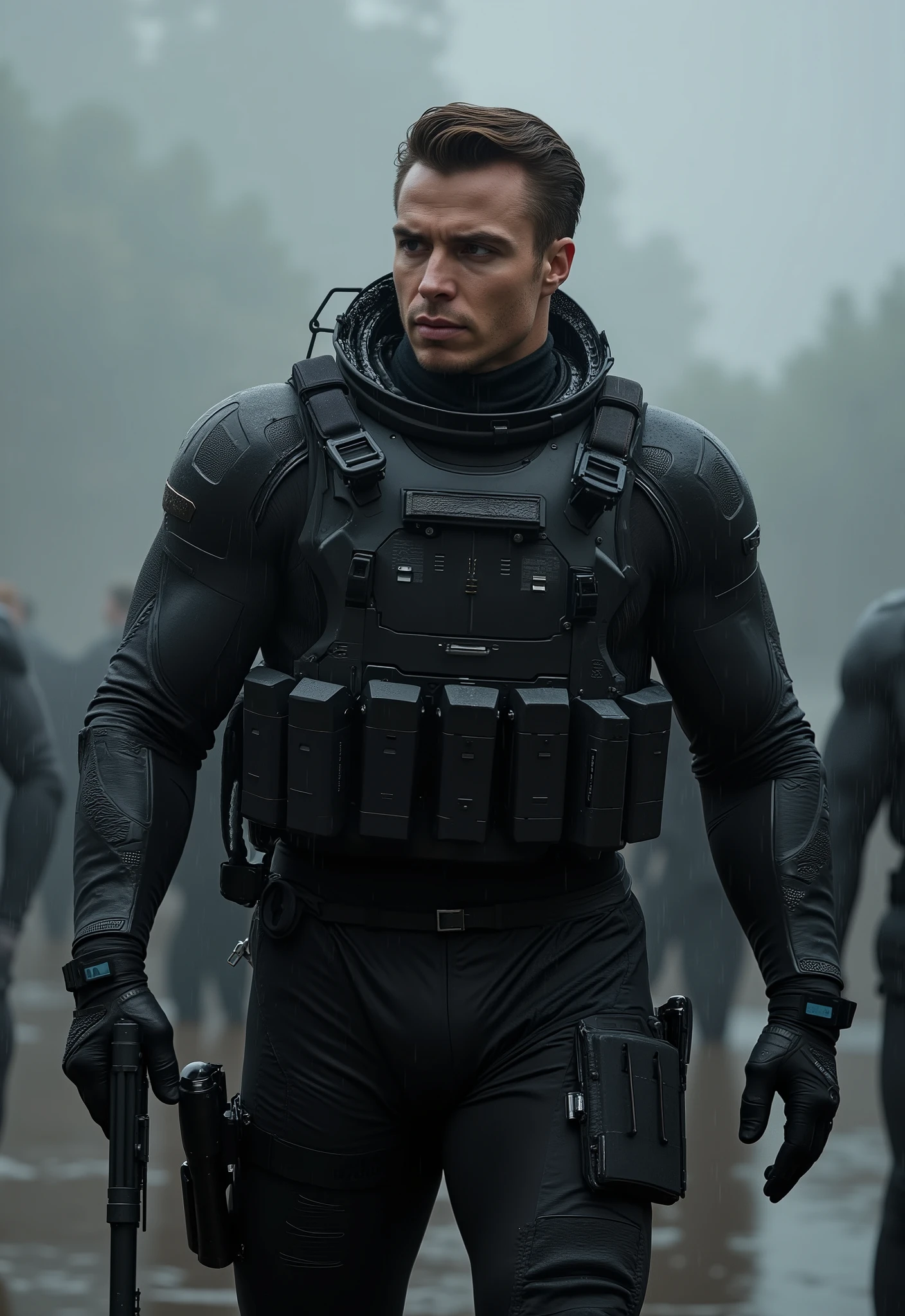 (is a masterpiece.:1.2, Exceptional quality , mirror, cinematic experience , best illustrations :2.0), Ultra HD resolution , Very detailed, 8 K, Wallpaper, ( super sexy man:0.5), ( very strong muscles :2.0), ( Nicholas Alexander Chaves :2.0), ( muscular male astronaut :2.0), ( muscular hairline :2.0), (elegant body:2.0), ( Beautiful Eyes , Shiny eyes , The details of the face, A small beard, beautiful skin texture :1.3, short hair :1.3), ( beautiful arms of a man .:2.0), (Beautiful hand:2.0), ( carrying an advanced weapon .:2.0), ( combat position , I'm looking at the camera :2.0), ( wearing a tight , Black tactical suit .:2.0), ( on a rainy battlefield :2.0), ( super sexy :2.0), ( very strong buttocks :2.0), (very functional:2.0), ( Imagination _Cyberpunk:2.0), (Saint Petersburg:2.0), ( visual effects :2.0), (Full frame:2.0), ( dynamic range :2.0), (Seriously:2.0)