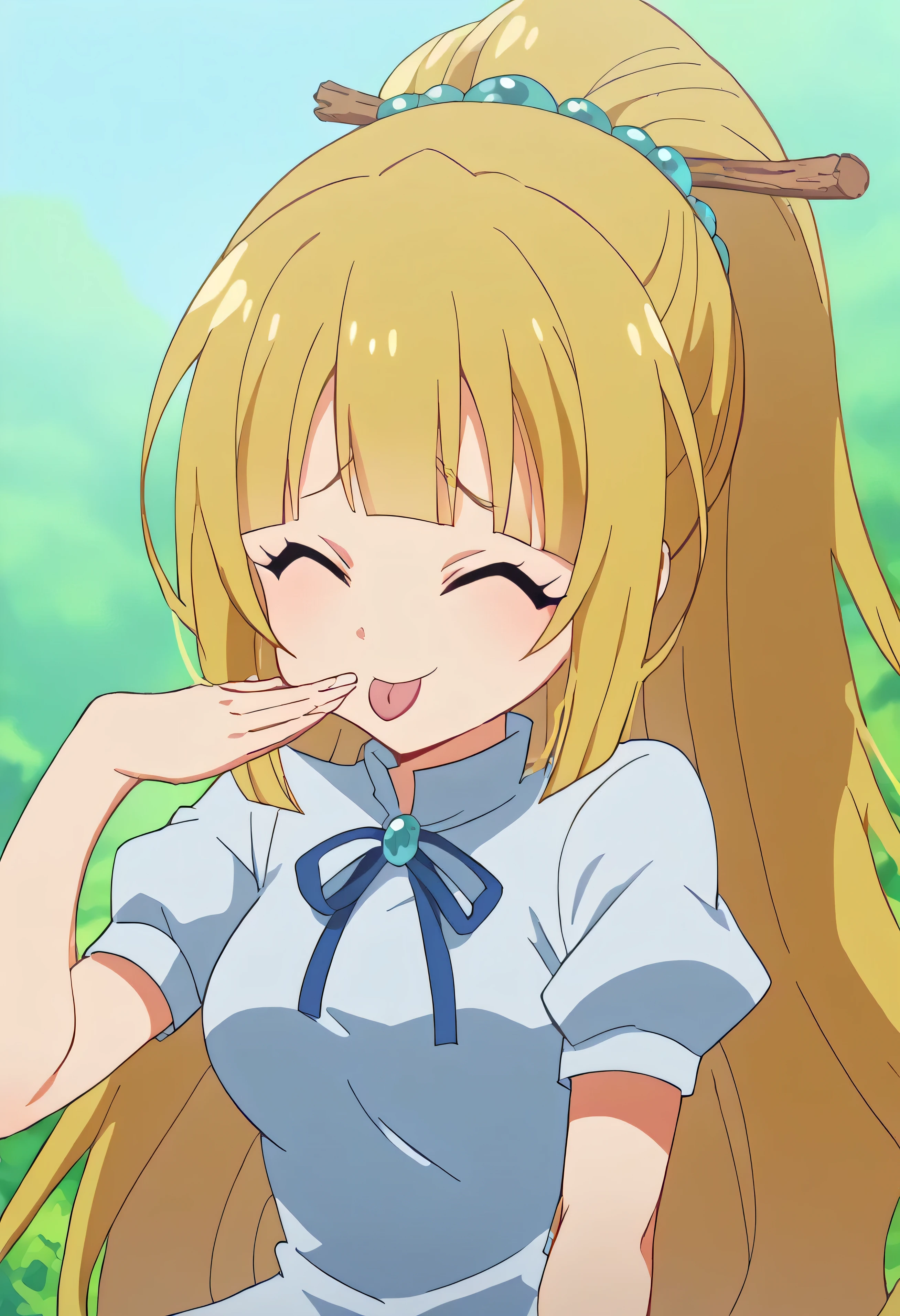 score_9, score_8_up, score_7_up, source_anime,  {{x}}, long hair, Bang, blunt Bang, Blonde, hair ornaments, ponytail, scrancy, blue scrancy, medium breasts, anime screencap,  oh eto  ブレ, oh eto ... ブレ (meme), 自分Headに手を置く, meme, Head, sticks out tongue, closed eyes,, ,Big Smiles、Accurate Fingers数量、spread your legs、Accurate Fingers, (perfect hands, perfect anatomy),is smiling at me、