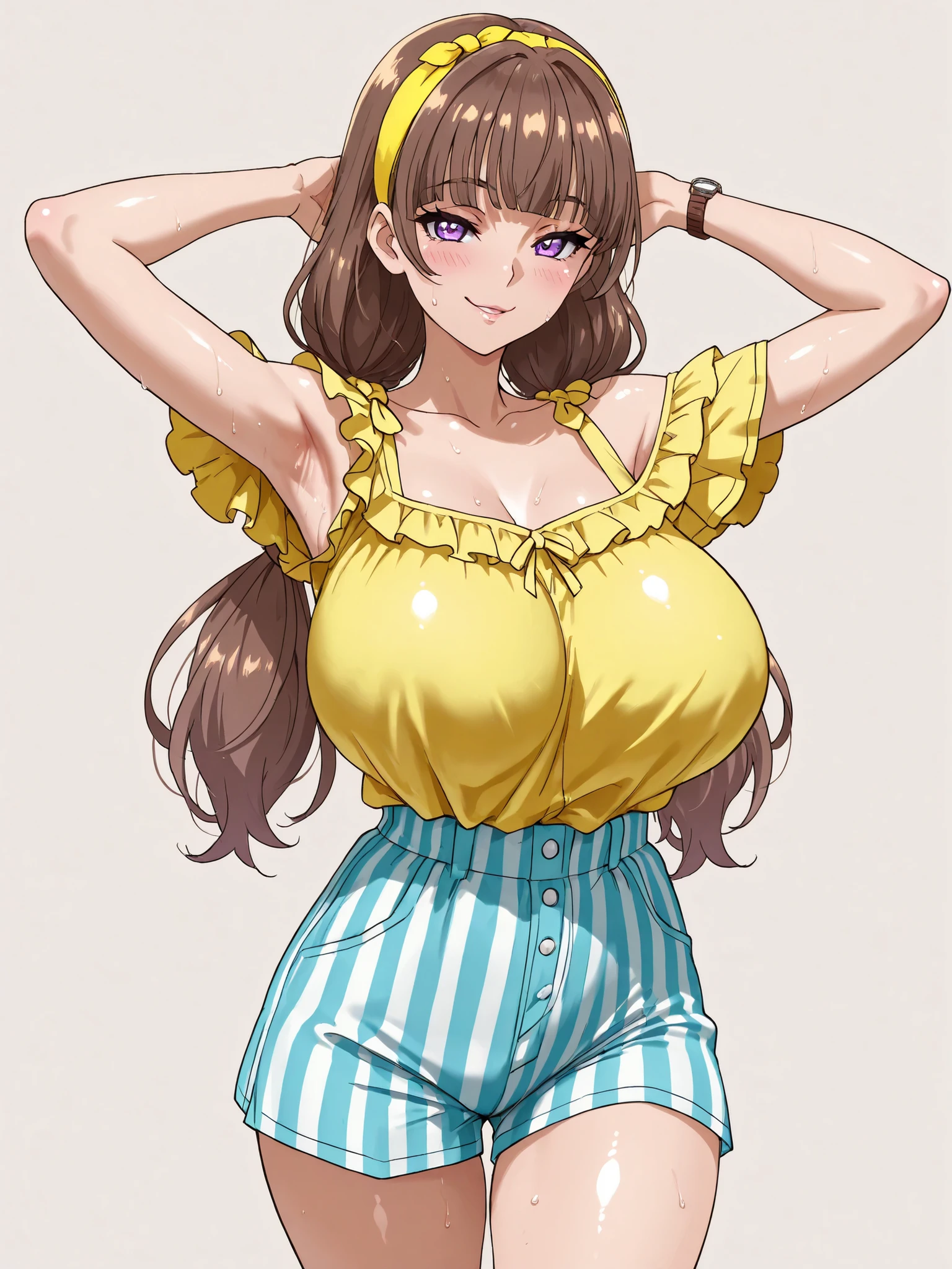Highest Quality, masterpiece,watch viewers,Armpit,sweat,Armpit見せ,soft touch,Delicate Body Curves,Realistic Human Body,(simple background:1.5), perfect anatomy, high resolution,(solo girl,Milky Way Kirara, brown hair, blunt bang, long hair, low twin tails, yellow hair band, with purple eyes,yellow shirt, off shoulder shirt, frilly shirt, short sleeve, Striped Shorts ),from the front,naughty face,seductive smile,blush,cowboy shot:1.2,standing:1.5,from the front:1.2,shiny skin,huge breasts,