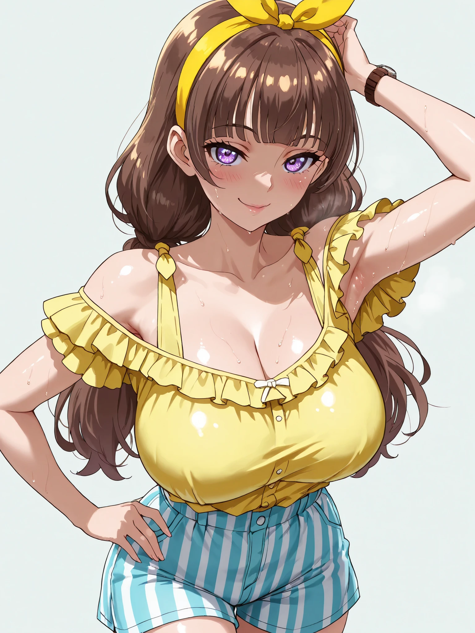 Highest Quality, masterpiece,watch viewers,Armpit,sweat,Armpit見せ,soft touch,Delicate Body Curves,Realistic Human Body,(simple background:1.5), perfect anatomy, high resolution,(solo girl,Milky Way Kirara, brown hair, blunt bang, long hair, low twin tails, yellow hair band, with purple eyes,yellow shirt, off shoulder shirt, frilly shirt, short sleeve, Striped Shorts ),from the front,naughty face,seductive smile,blush,cowboy shot:1.2,standing:1.5,from the front:1.2,shiny skin,huge breasts,