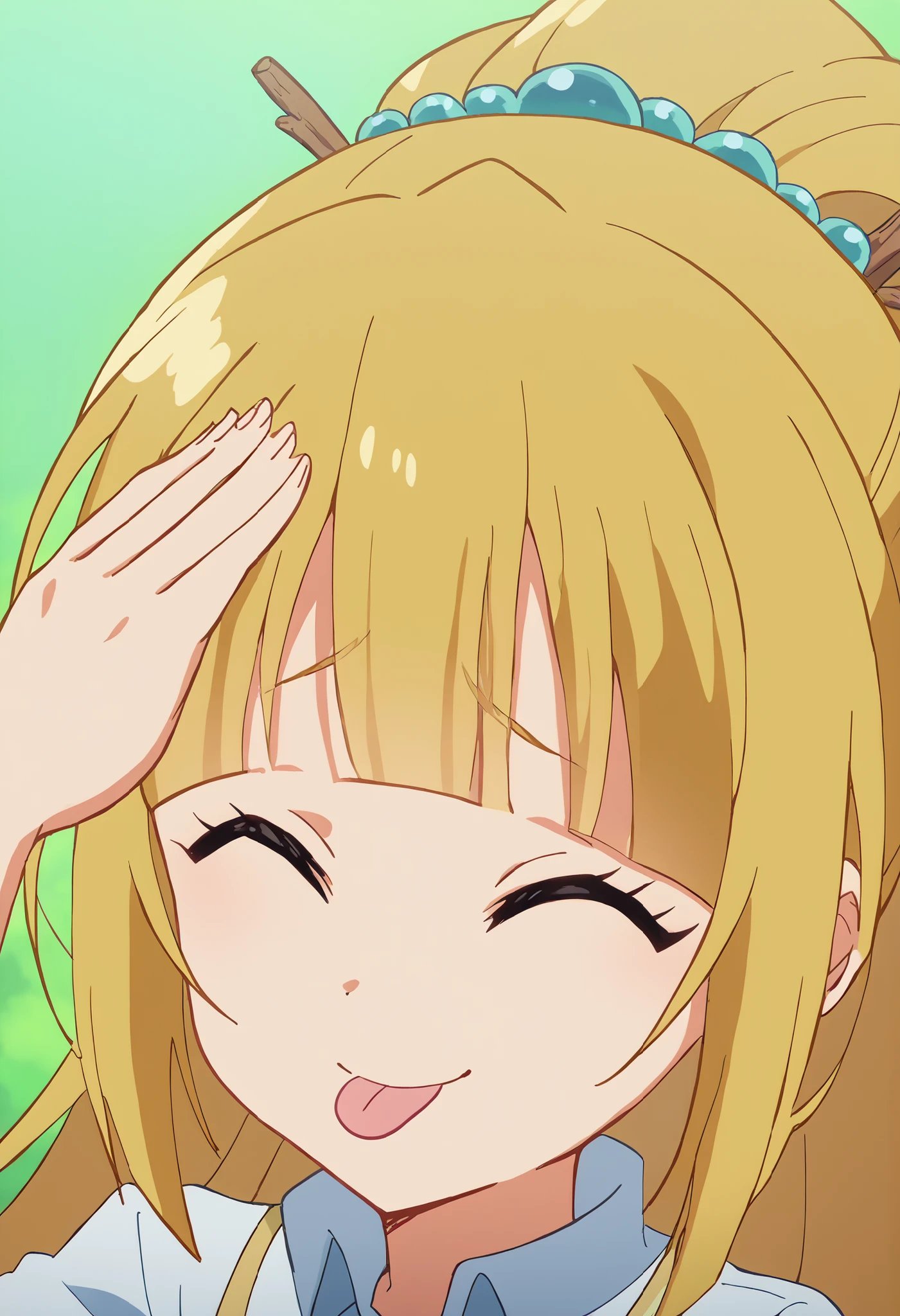 score_9, score_8_up, score_7_up, source_anime,  {{x}}, long hair, Bang, blunt Bang, Blonde, hair ornaments, ponytail, scrancy, blue scrancy, medium breasts, anime screencap,  oh eto  ブレ, oh eto ... ブレ (meme), 自分Headに手を置く, meme, Head, sticks out tongue, closed eyes,, ,Big Smiles、Accurate Fingers数量、spread your legs、Accurate Fingers, (perfect hands, perfect anatomy),is smiling at me、