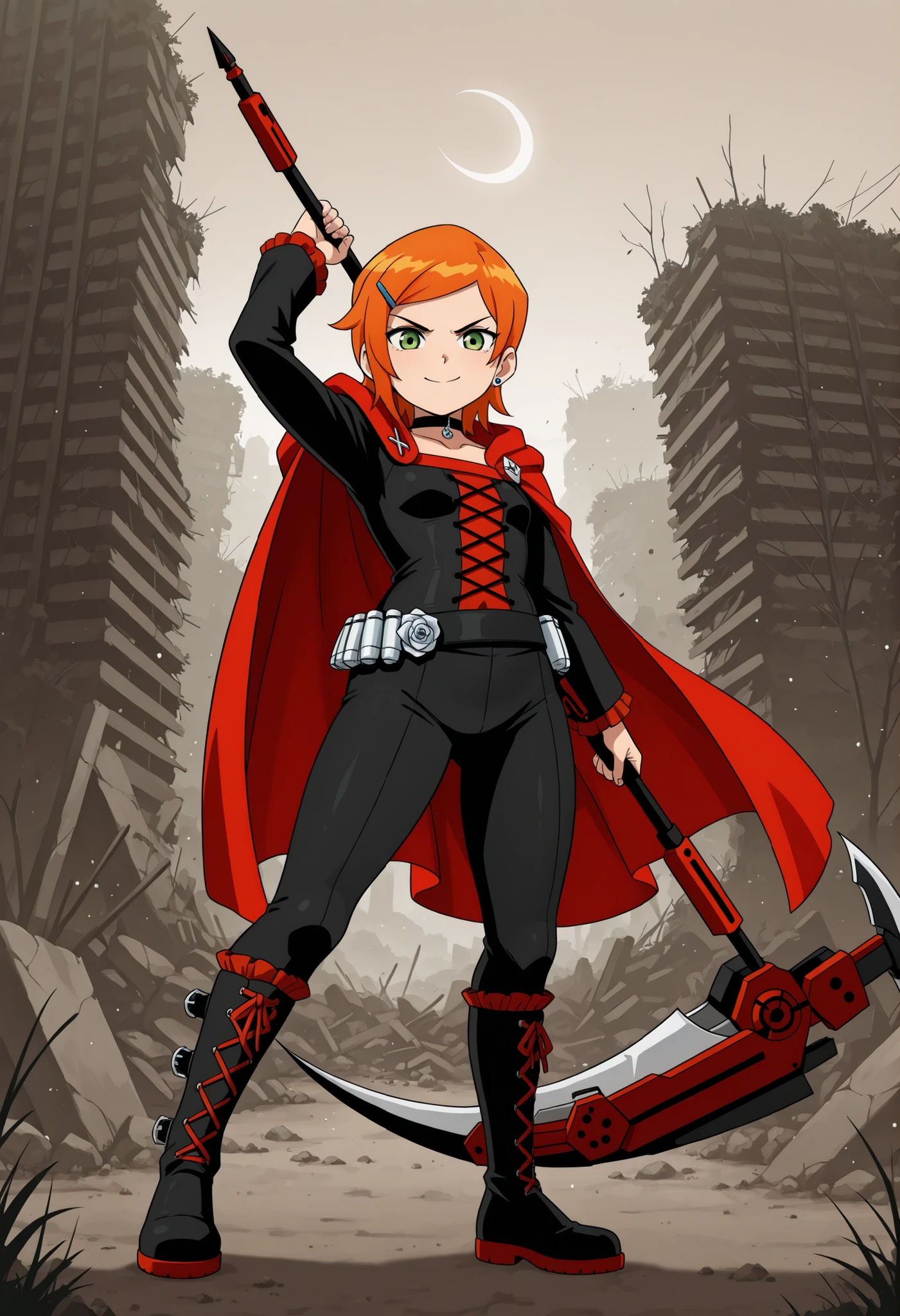 Gwen Tennyson . ginger . short hair . green eyes . small breasts, medium hips . chubby body . choker . | masterpiece, anime coloring, newest, Ruby Rose, Main Outfit, solo, looking at viewer, smile, holding, full body, weapon, arm up, scythe, outdoors, ruins, fighting pose, angry, serious, soft particles, crescent rose. rose, garden