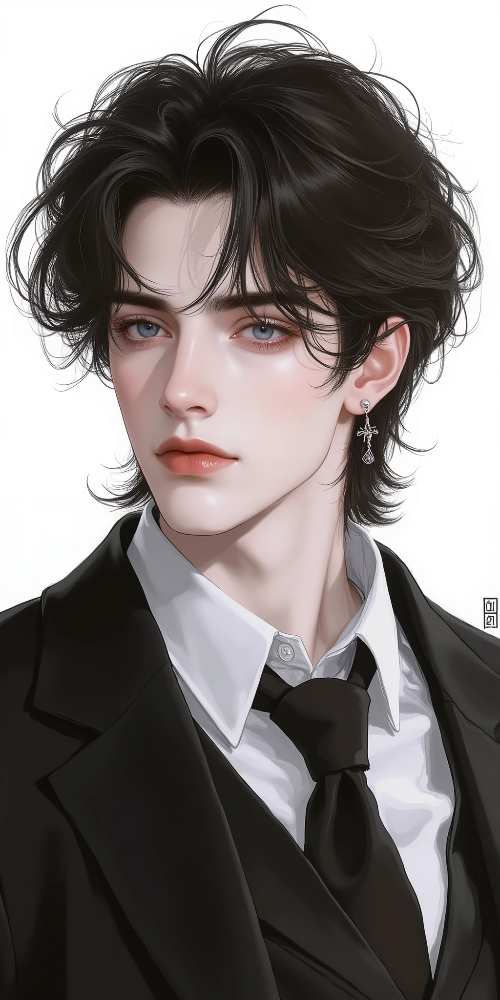 bad , cabelo preto , fitness , brinde , perspective of the head , encontrar , Korean Comic Book Style , depressivo , good condition , Very pretty , penteado molhado , dark brown hair , attractive blue eyes , muito bonito , BLACK SUIT AND SHIRT , survey ,
