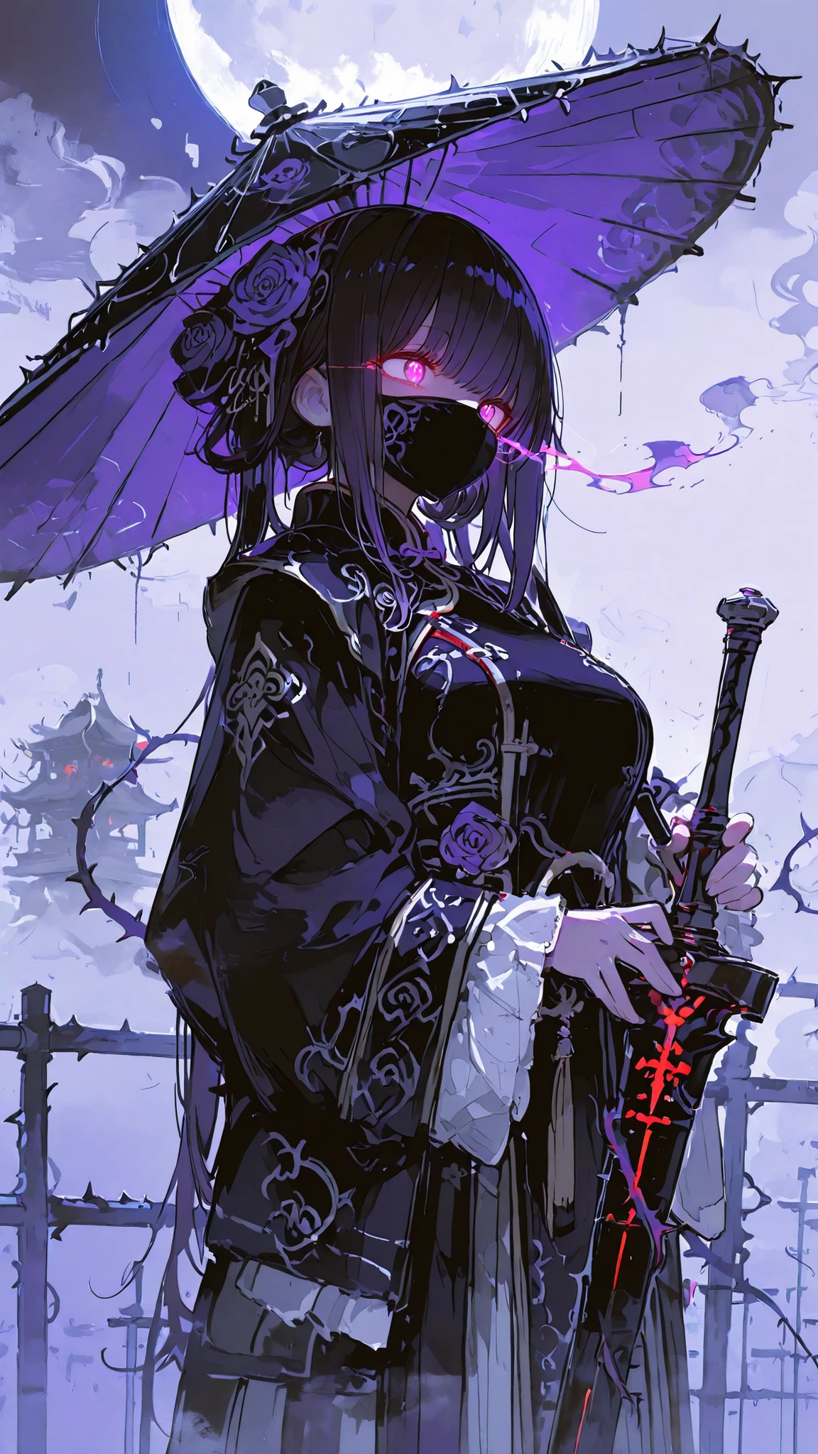 masterpiece), (Highest Quality), (very detailed), 8k, 32K, high resolution,score_9, score_8_up, score_7_up, source_anime, Reference Sheet,cowboy shot,Front Map, Forward-facing,fully frontal pose
女の子,smaller,short,round face,big breast,( Assassin),glowing_eyes,eye trail,black mask,umbrella, preparation sword ,(Rose:1.2),Thorns,Purple.night,fog,moon.qi lolita