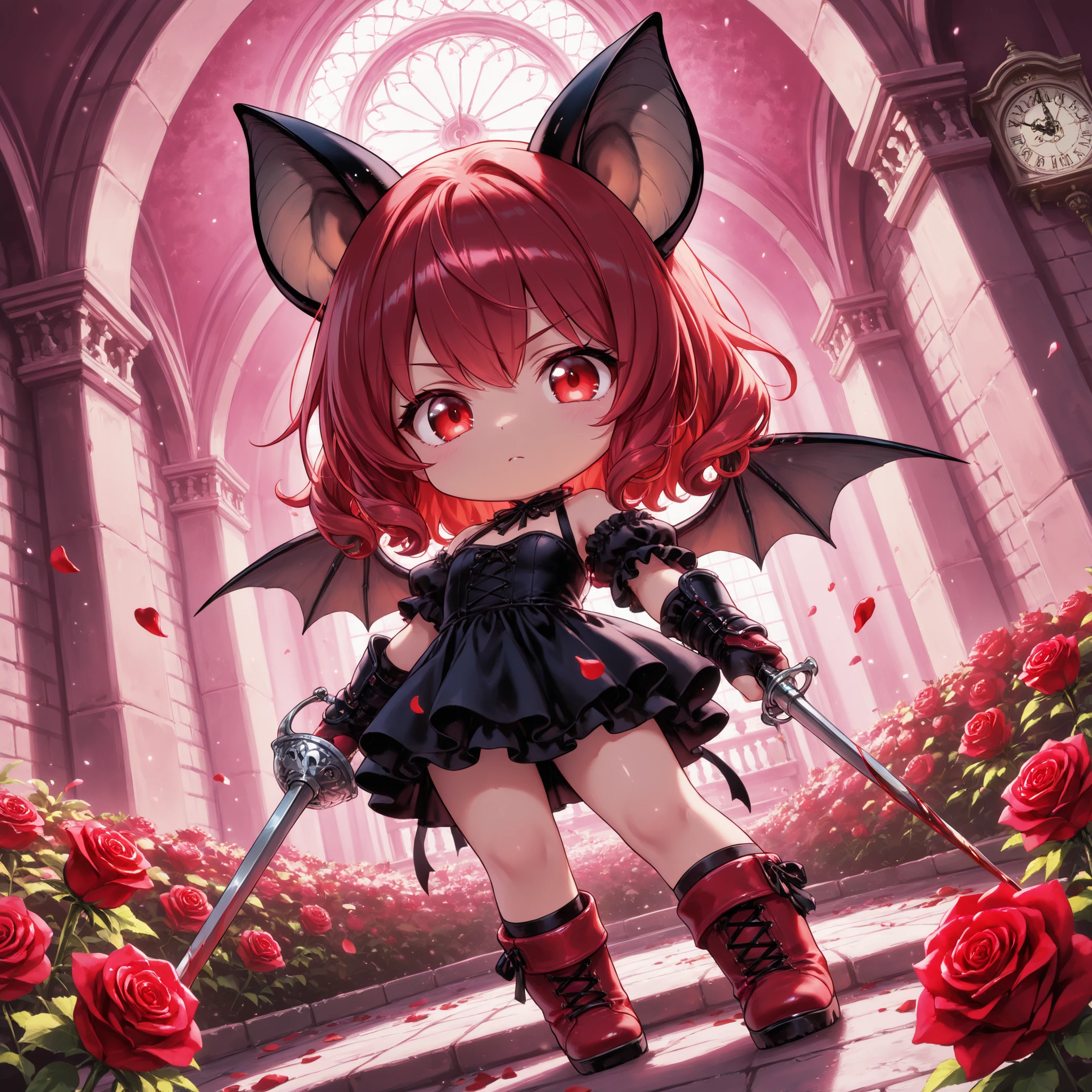 chibi,masterpiece、Highest Quality、anime style、(1 person)、2.5 heads tall、Bat Girl Standing in a Rose Garden、black bat ears、bat wings on the back、red eyes、赤い髪、curl hair、black gothic dress、Hand guard、Red Boots、 Holding a Rapier 、fluttering rose petals、stone clock tower in the background、low angle with handrail、anatomically accurate hands、Blood、pink background、action pose, dynamic pose, Dynamic action, dynamic angles, dynamic perspective, dynamic color, dynamic light, holding weapon
