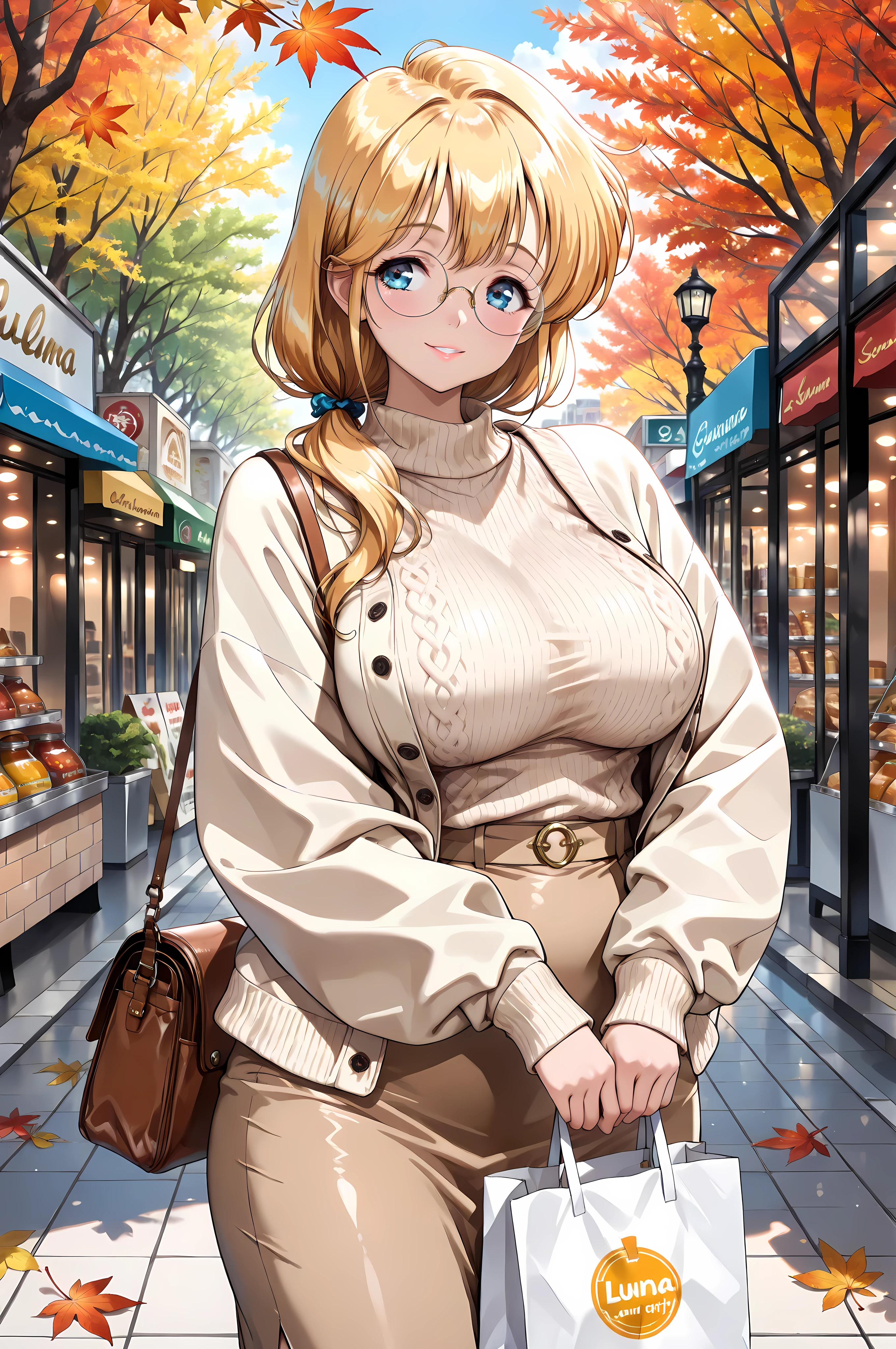 (masterpiece, best quality:1.4), beautiful shadows, Sensei Luna, runa,
yellow long hair in a low ponytail, blue eyes, Detailed Eyes,
round metal frame glasses, sagging, long and large breasts, smiling:1.0, light lipstick,
looking slightly to the side,
wearing autumn outfit: long-sleeve sweater or knit in warm autumn colors (brown, mustard, beige), long tight skirt, optional light jacket or cardigan,
holding a paper shopping bag, hands detailed, fingers well-proportioned, holding bag naturally, no extra or missing fingers, realistic hand pose,
shopping scene in an autumn city street, fall leaves, colorful trees,
dynamic pose, natural expression, full-body 3/4 view, mid-distance, detailed clothing folds, skirt movement, hair movement, and realistic bag handling